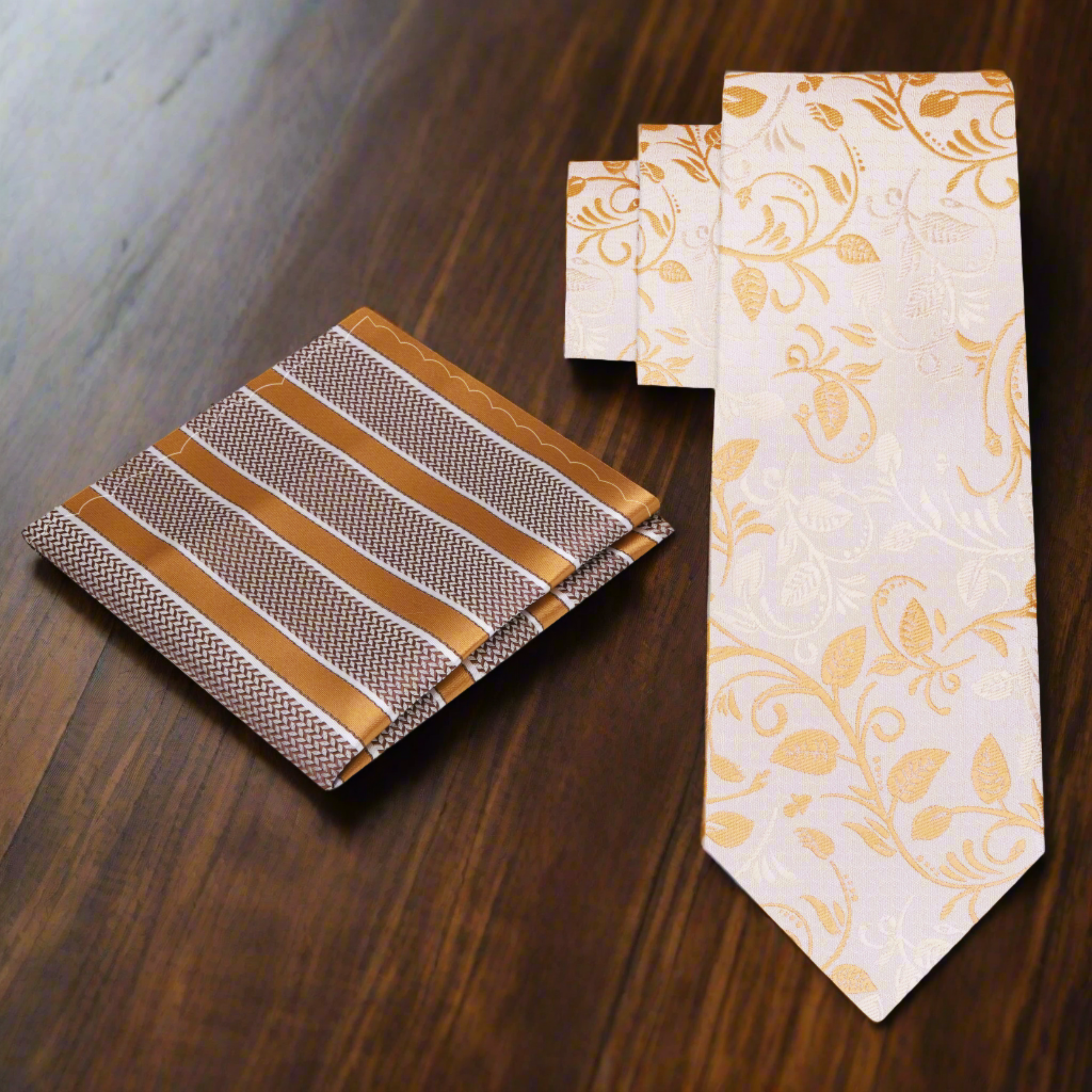Close-up of a silk necktie knot demonstrating the high-quality fabric and elegant pattern