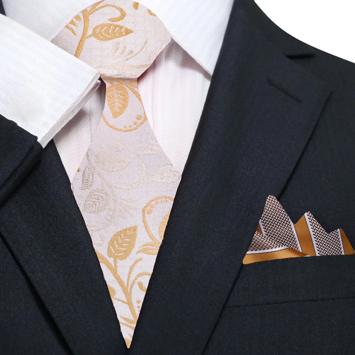 Man wearing a silk necktie with floral design paired with a navy suit for a polished look