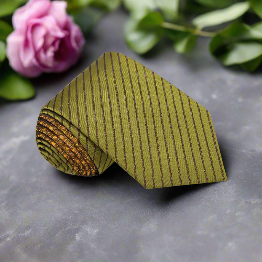 Flat lay of the yellow striped necktie and matching pocket square, ideal for formal occasions.