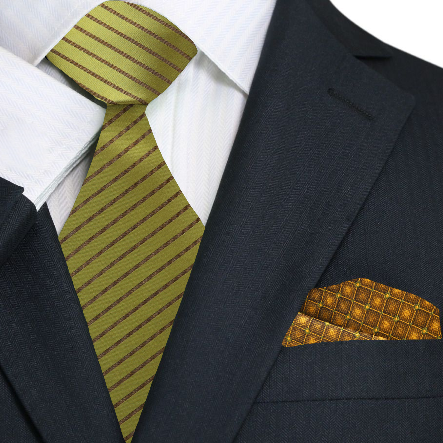 Flat lay of the yellow striped necktie and matching pocket square, ideal for formal occasions.