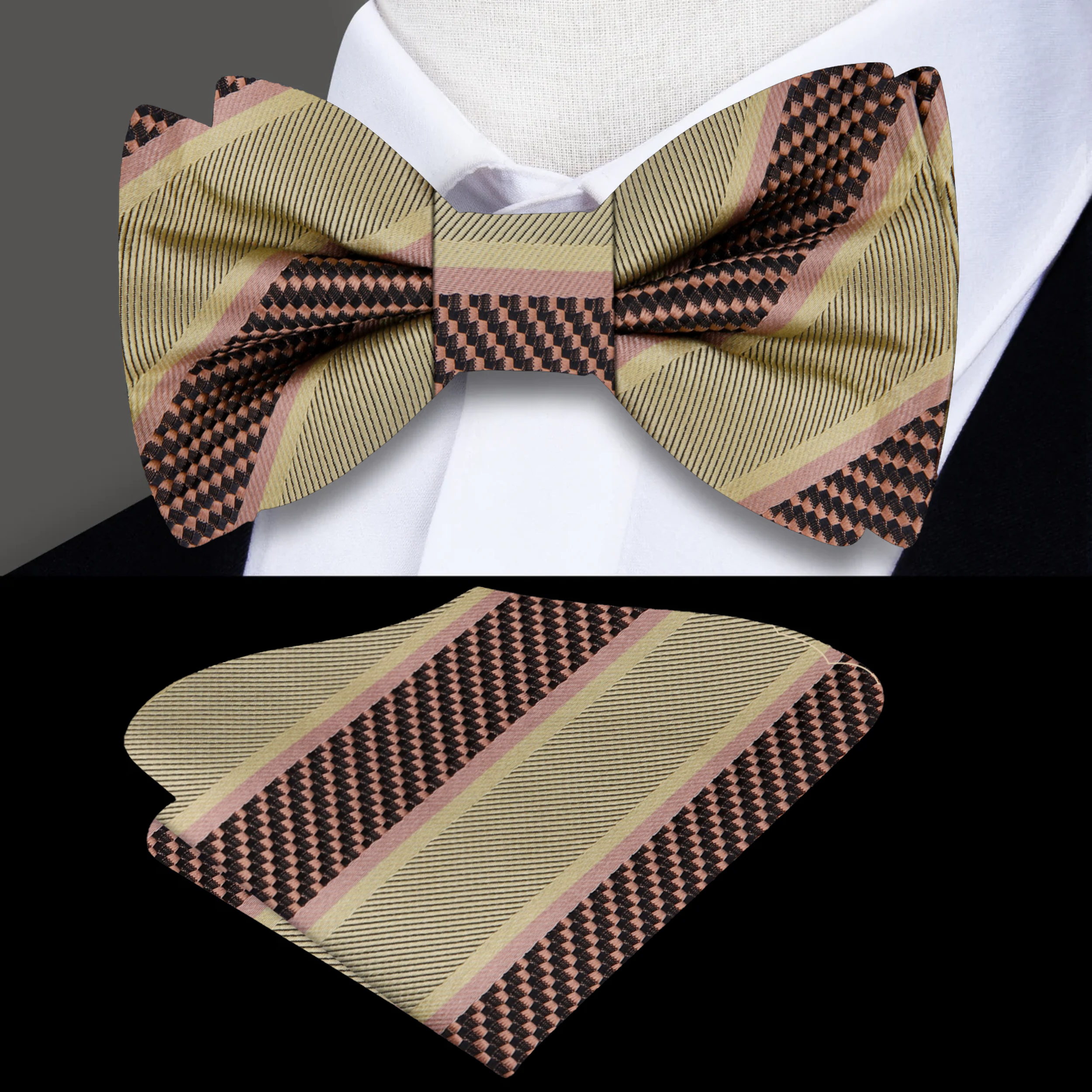 Front view of a stylish silk striped bow tie on a white background, highlighting its vibrant colors