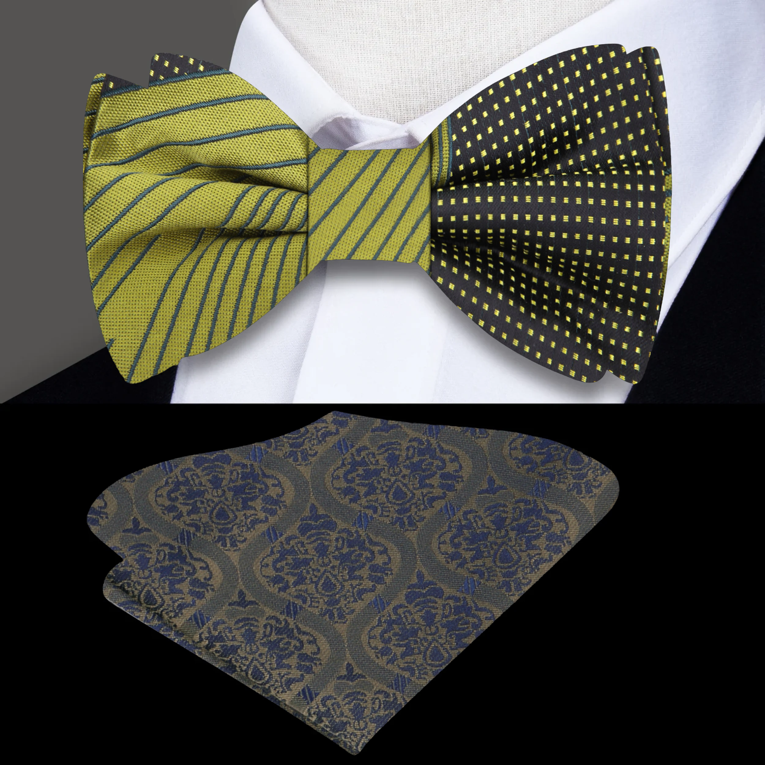 Close-up view of the olive silk bow tie showcasing its intricate lined and dotted abstract pattern.