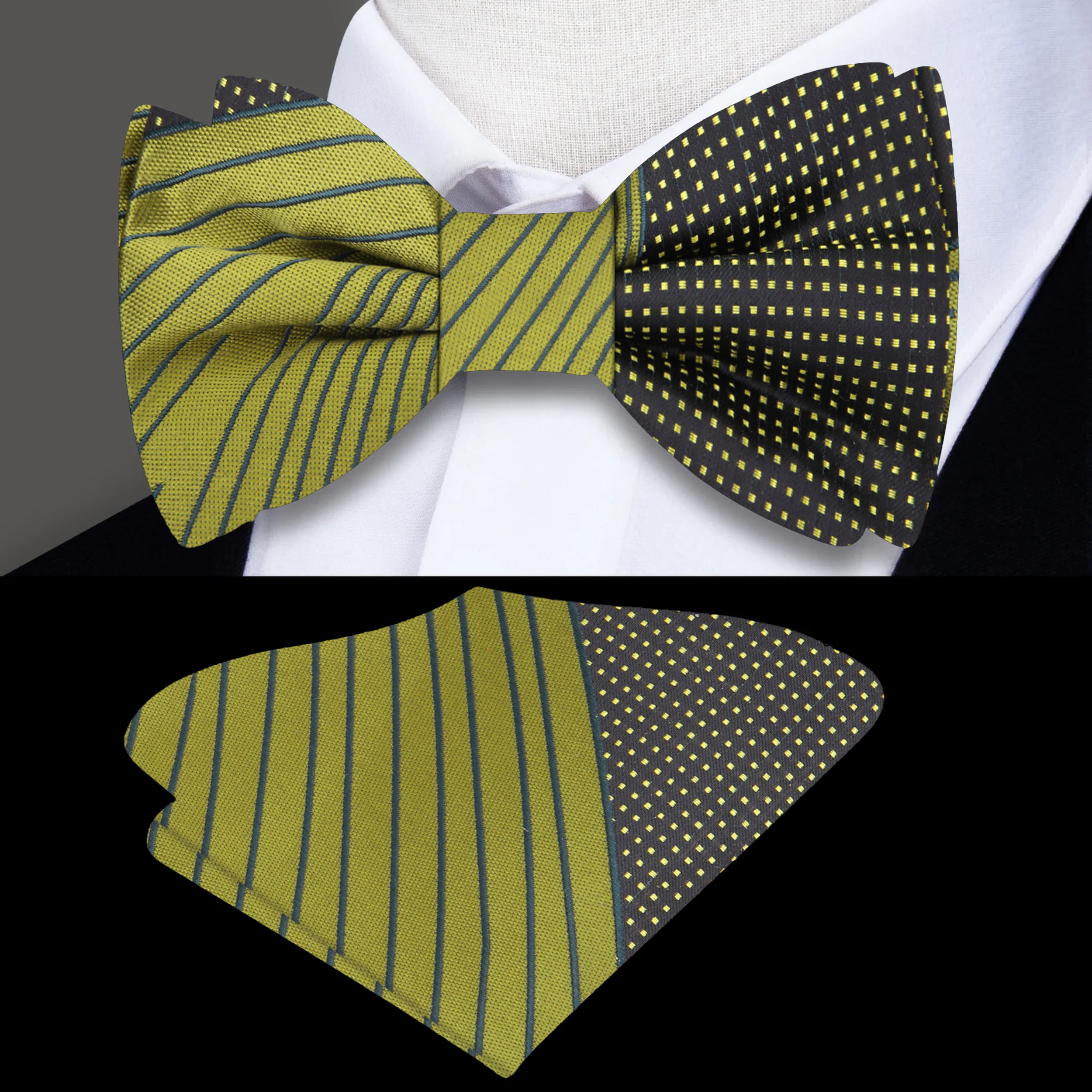 Olive bow tie elegantly displayed against a cream dress shirt, highlighting its color contrast.