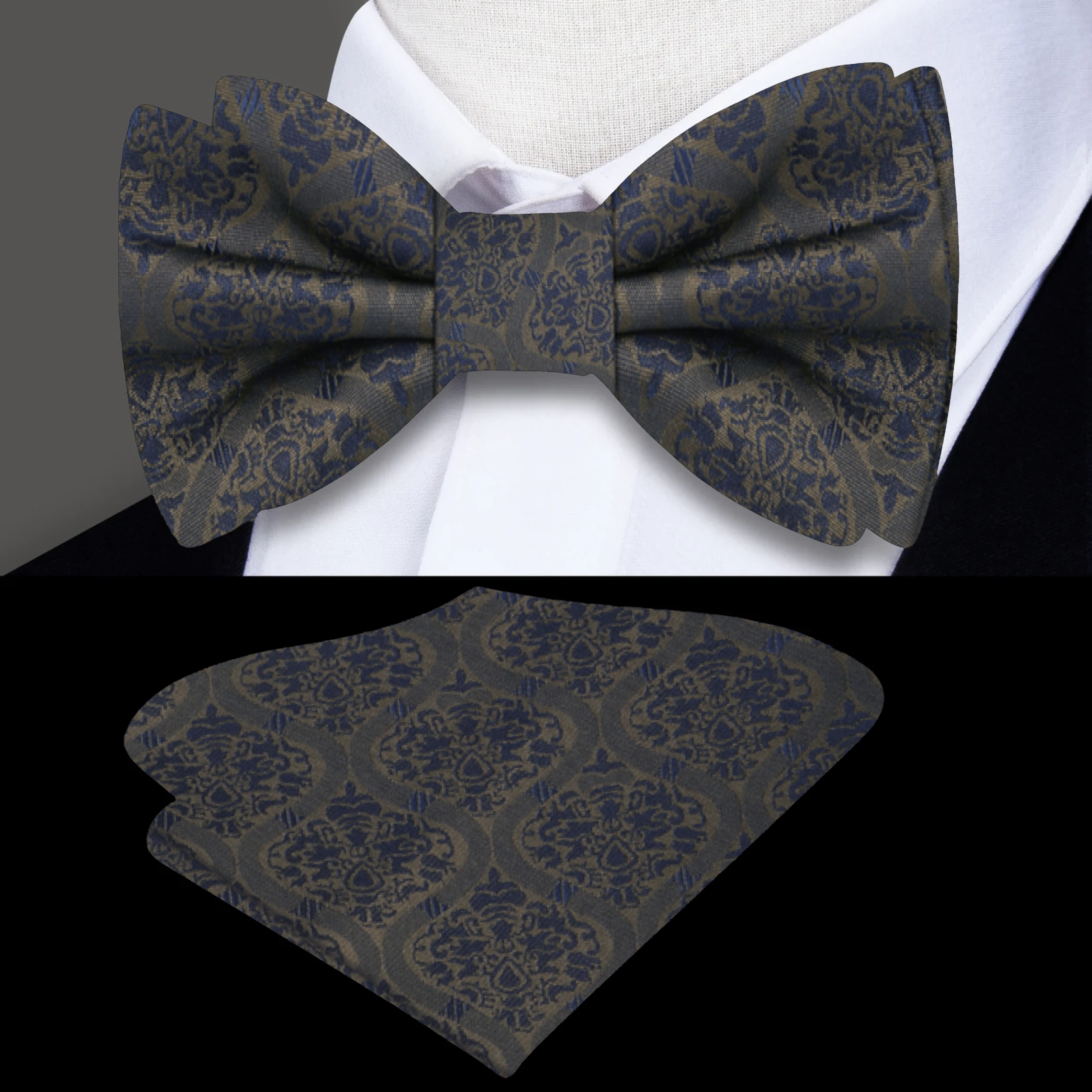 Flat lay of the silk bow tie alongside a matching pocket square, emphasizing its elegant design.