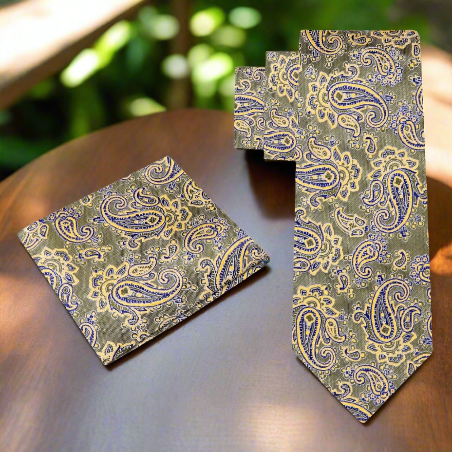Man wearing a paisley silk tie with a navy suit at a wedding