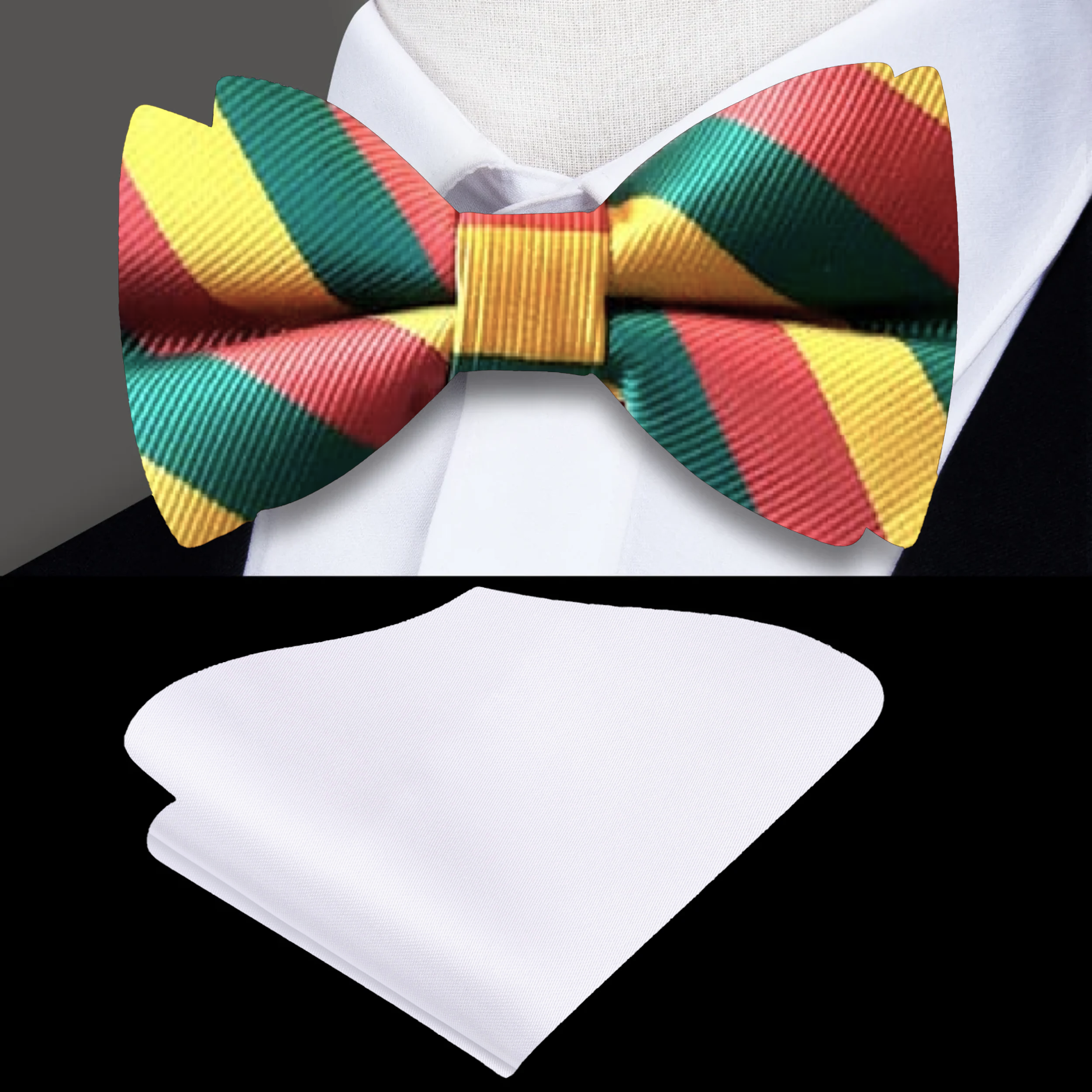 Close-up of vibrant striped silk bow tie in red, green, and yellow
