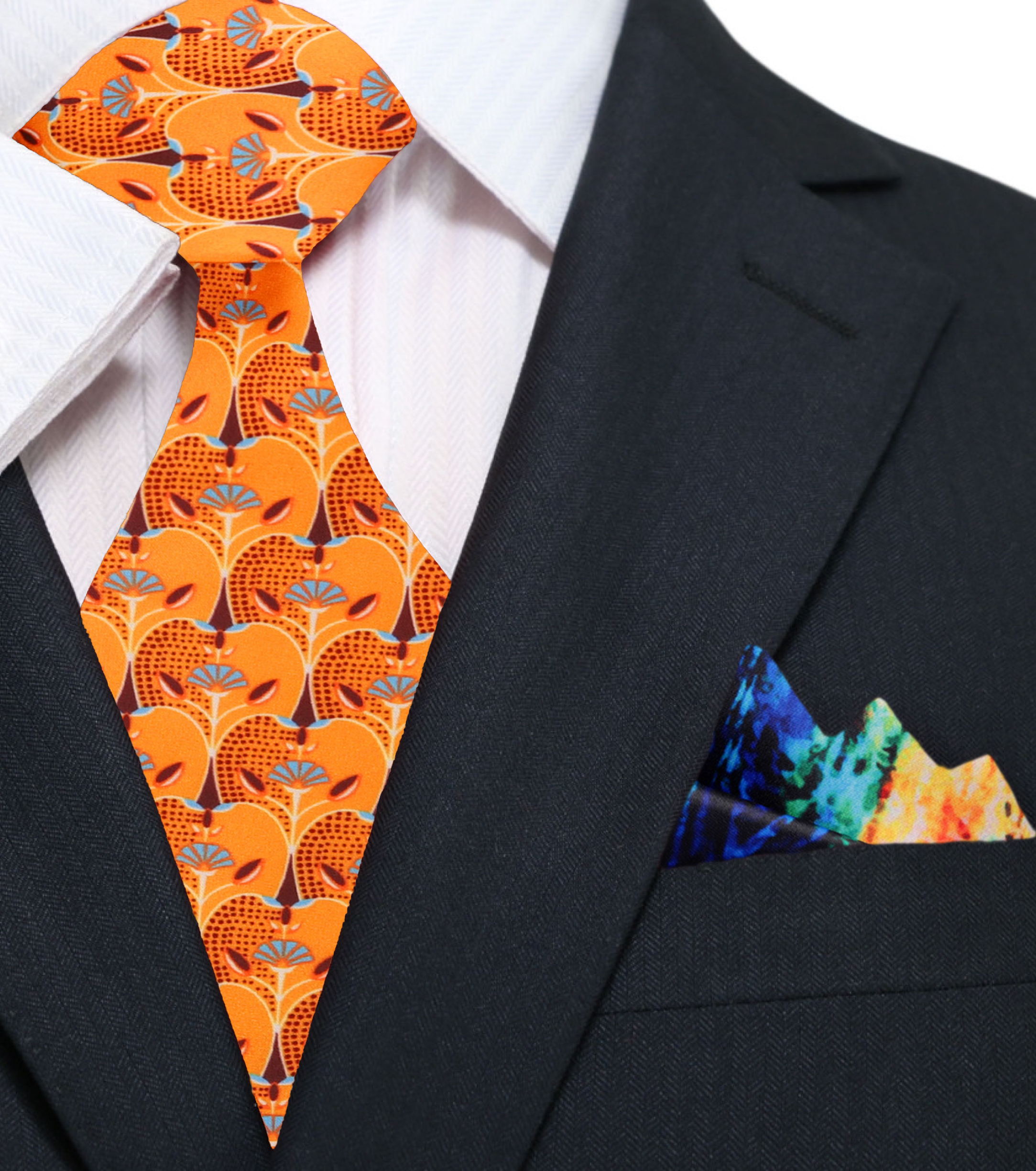 Model wearing the fun silk tie for creative professionals with a white dress shirt