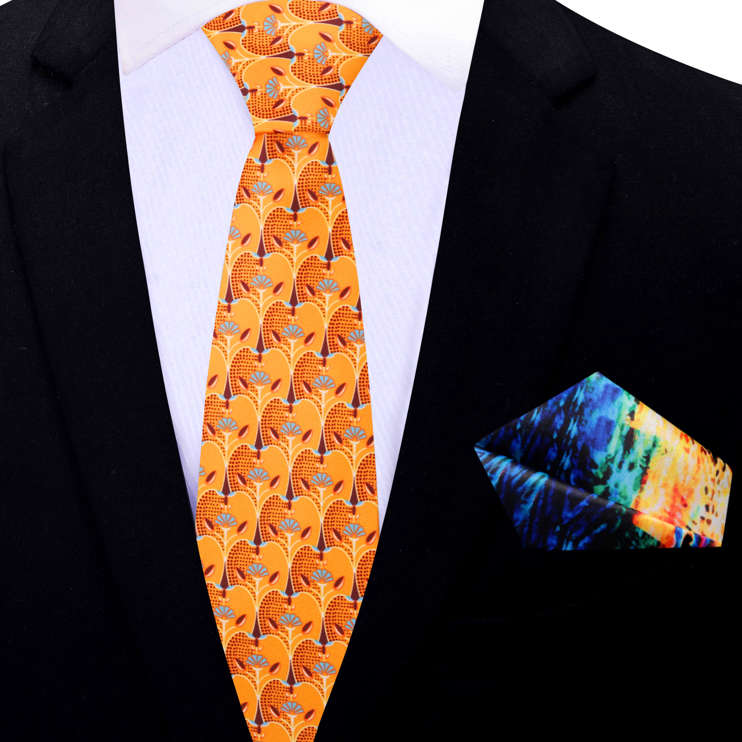 Full view of the citrus burst necktie paired with a light grey suit for spring events