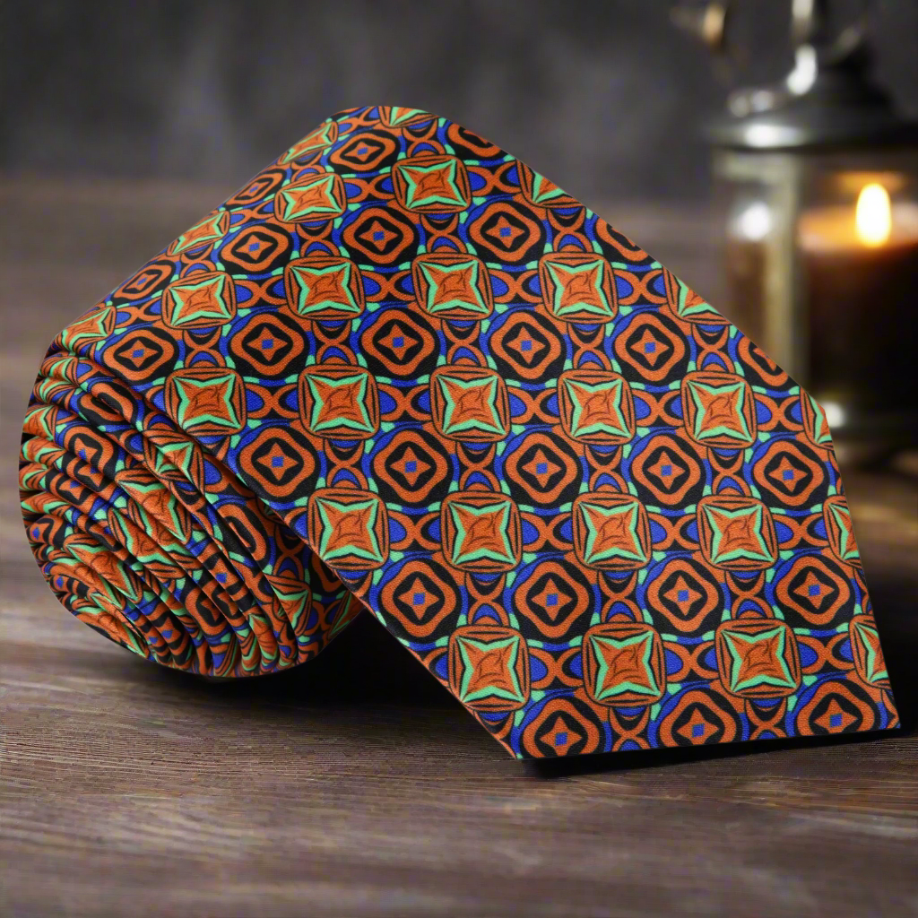 Close-up of Spooky Chic Halloween silk necktie showcasing its vibrant geometric pattern.