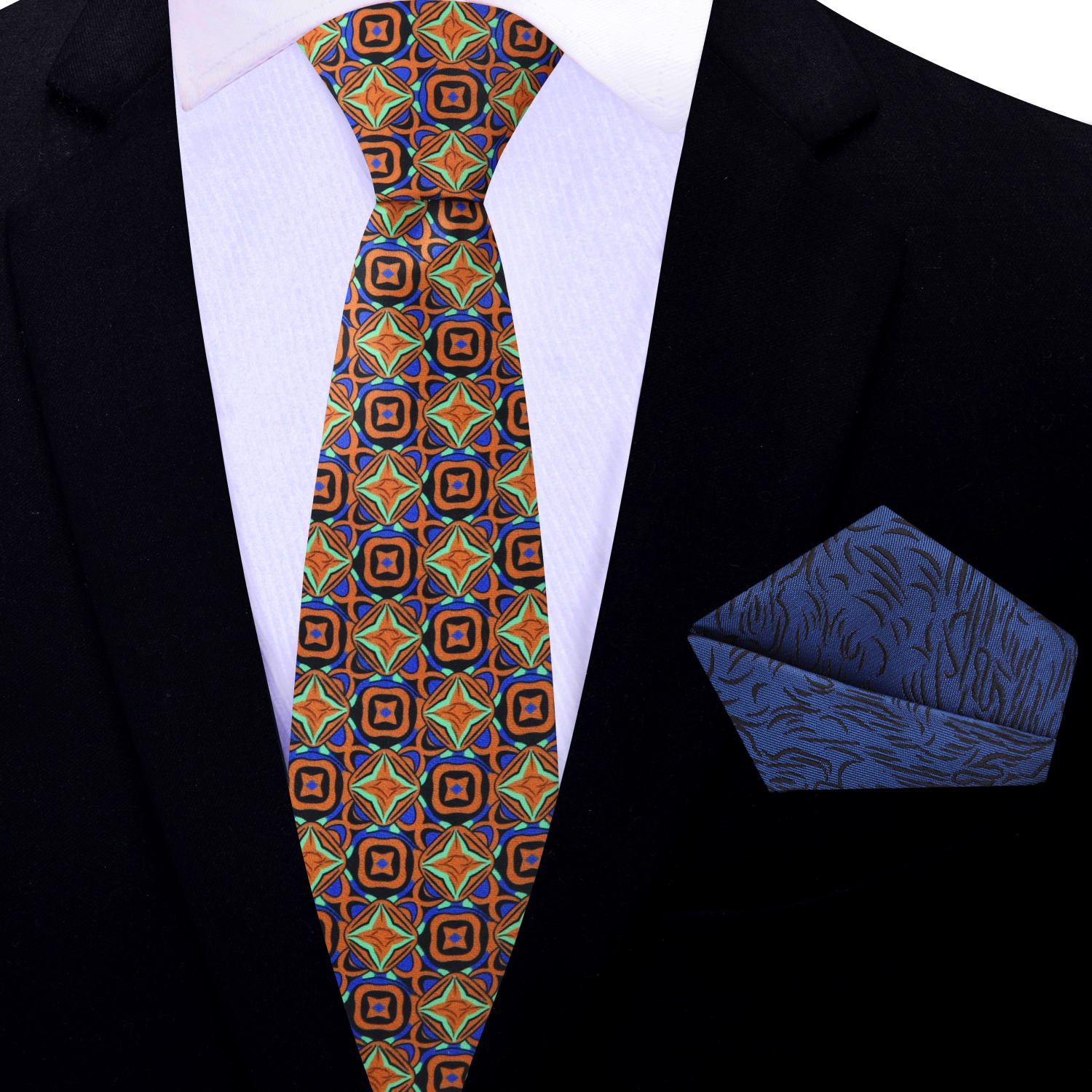 Close-up of Spooky Chic Halloween silk necktie showcasing its vibrant geometric pattern.