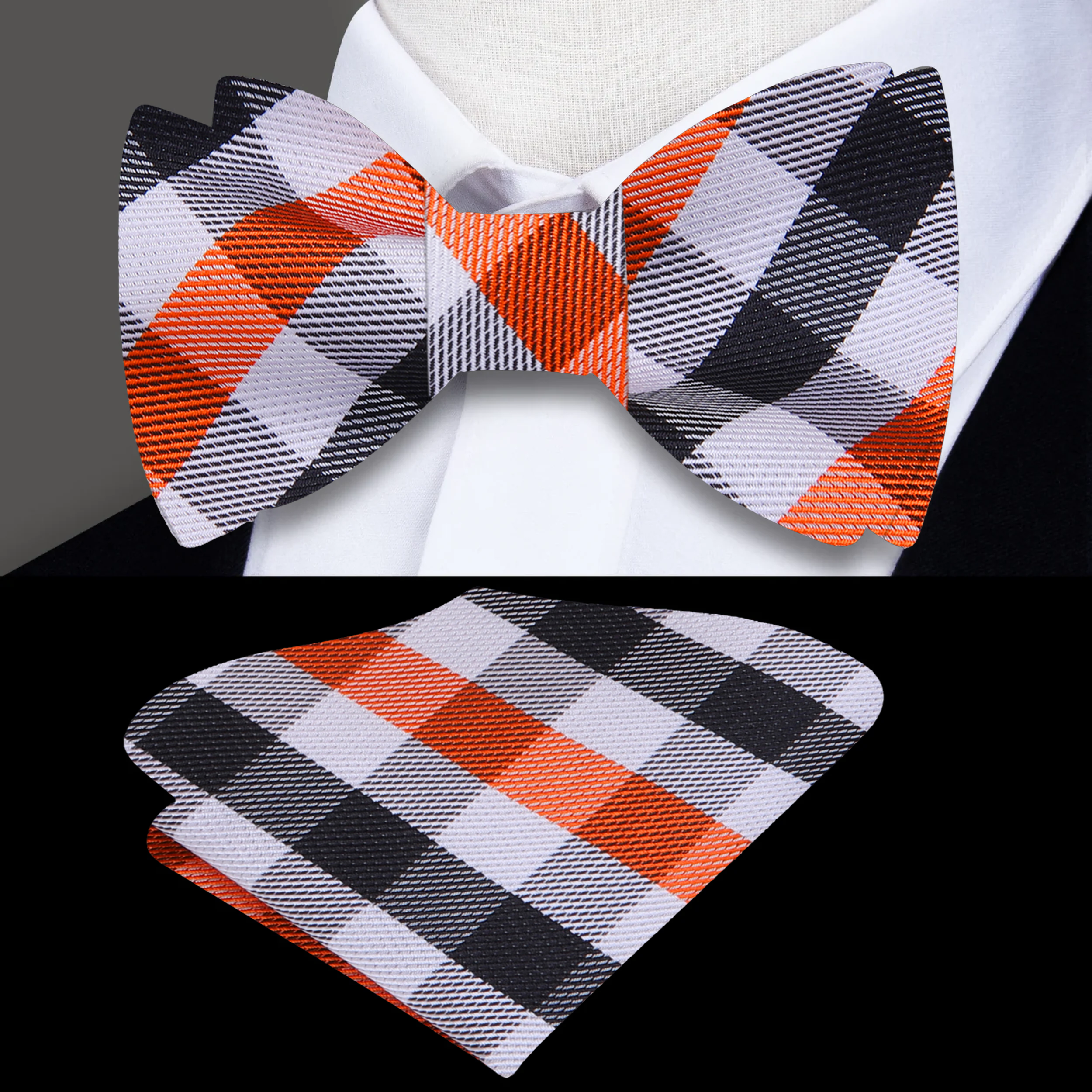 Styled shot of a geometric check bow tie paired with a classic suit for a sophisticated look