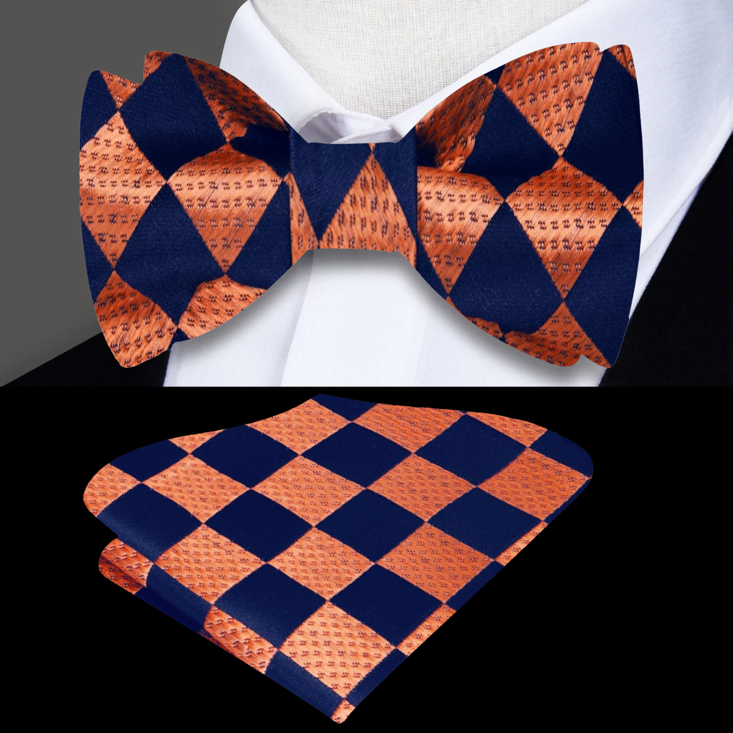 Front view of a geometric checkerboard self-tie bow tie in vibrant colors