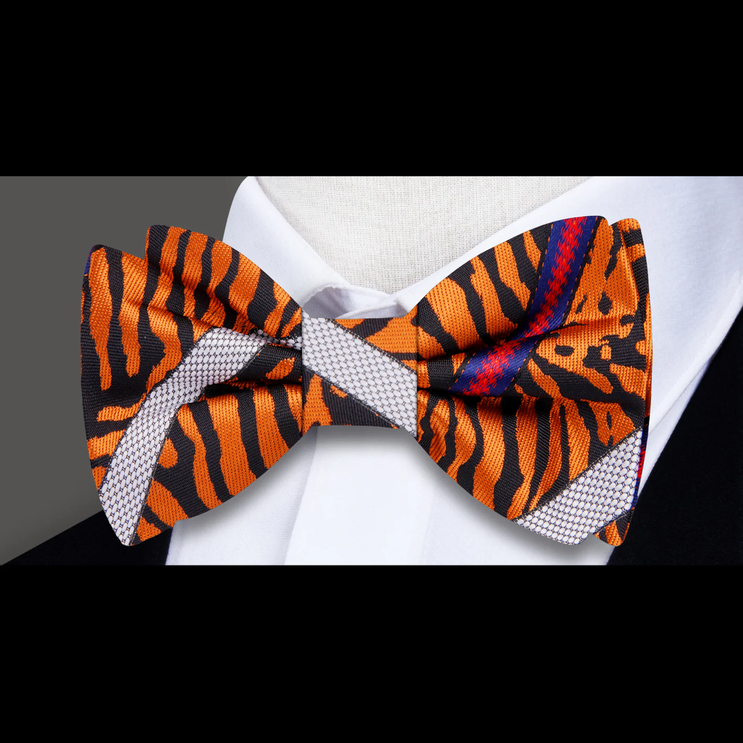 Orange and Black Tiger Stripe Bow Tie displayed against a classic white shirt