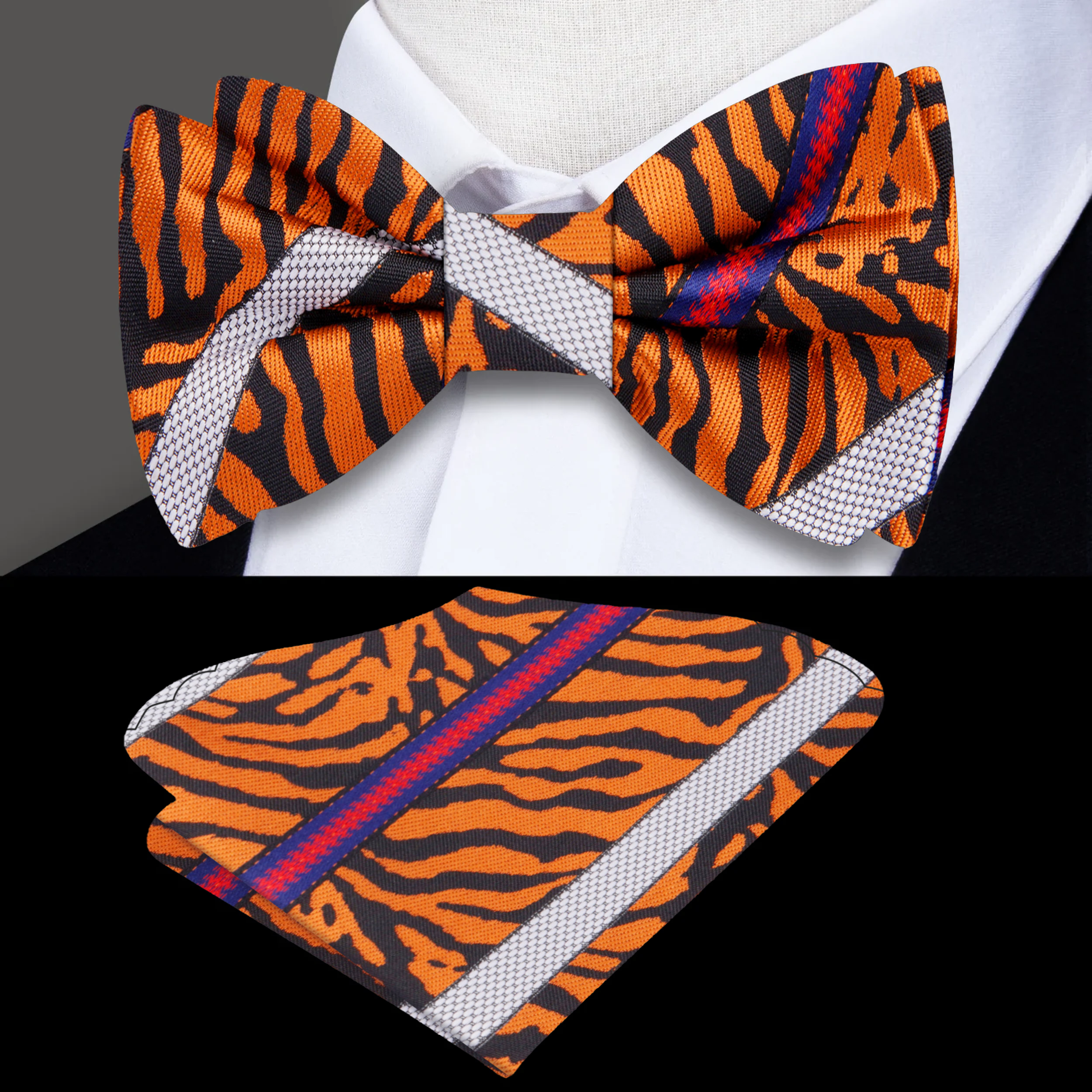 Close-up of the vibrant patterns on the Orange and Black Tiger Stripe Bow Tie