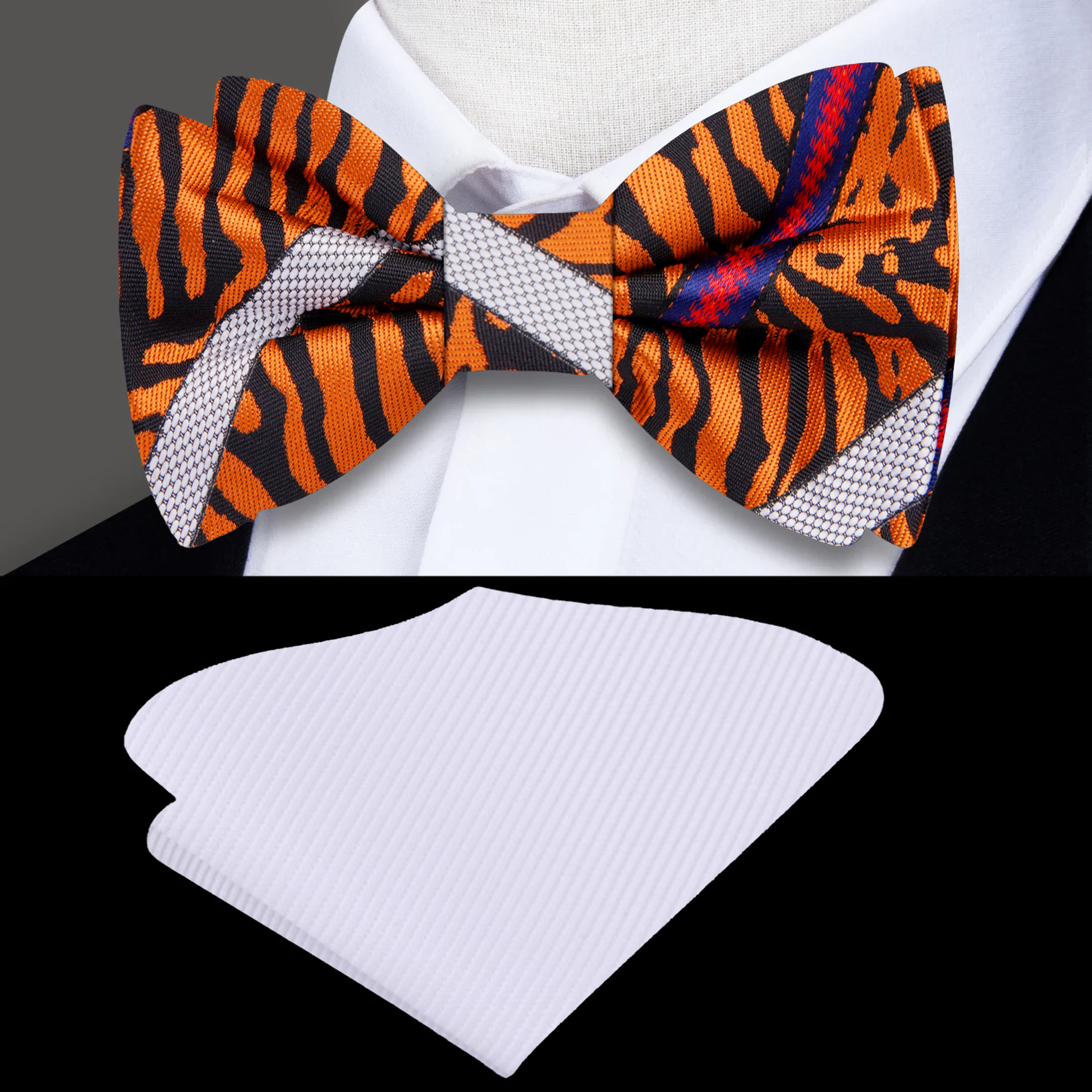 Orange and Black Tiger Stripe Bow Tie displayed against a classic white shirt