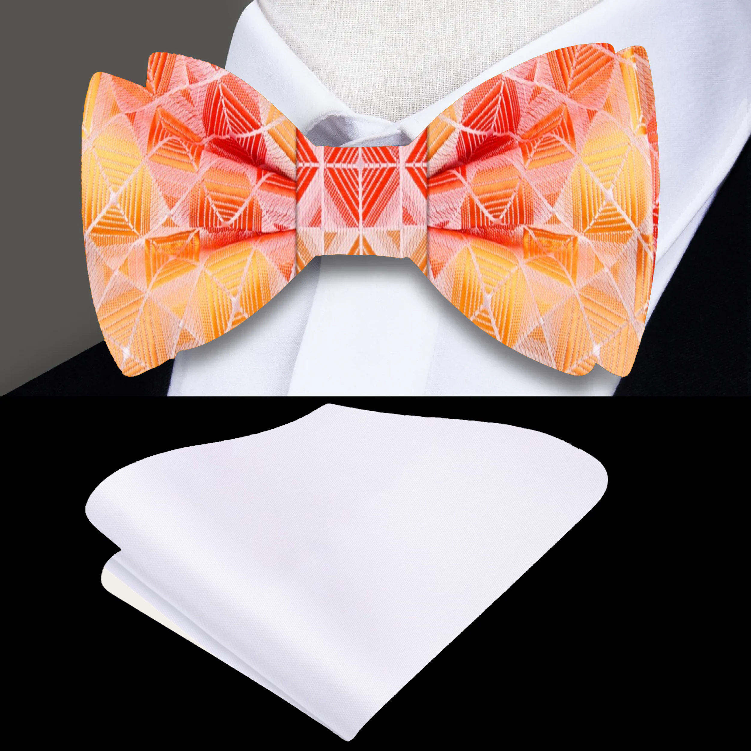 Front view of stylish geometric orange bow tie for men