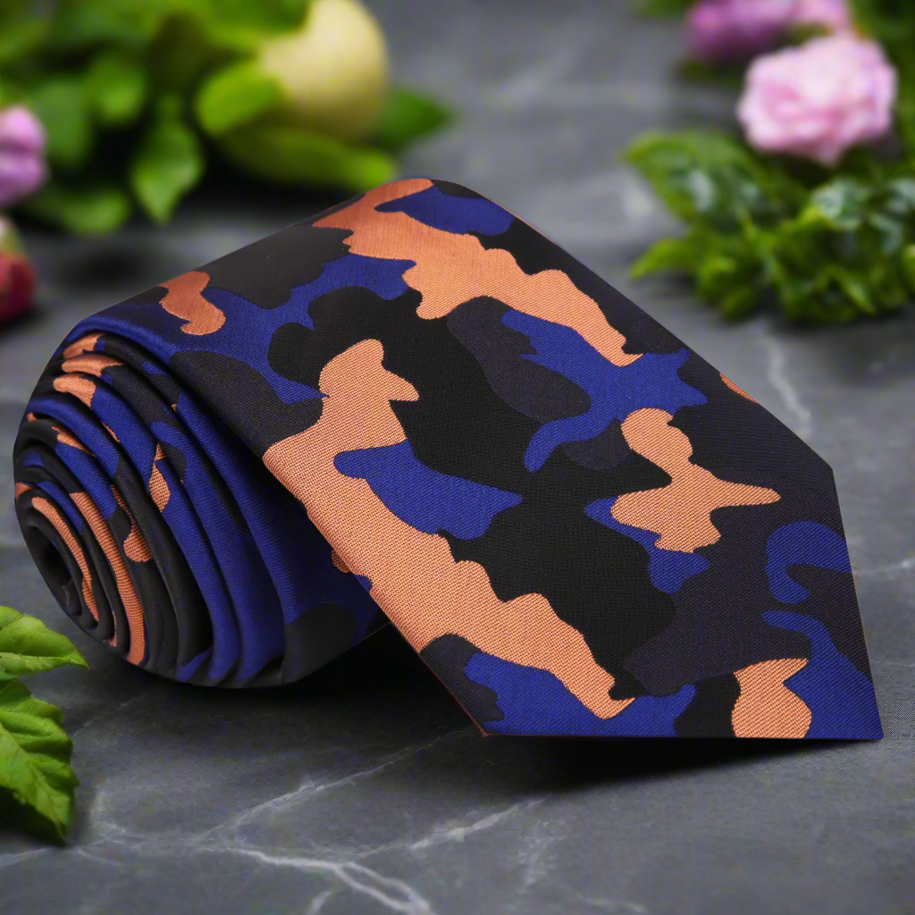 Stylish camouflage thin tie draped elegantly over a dress shirt, showcasing its vibrant fleck pattern.