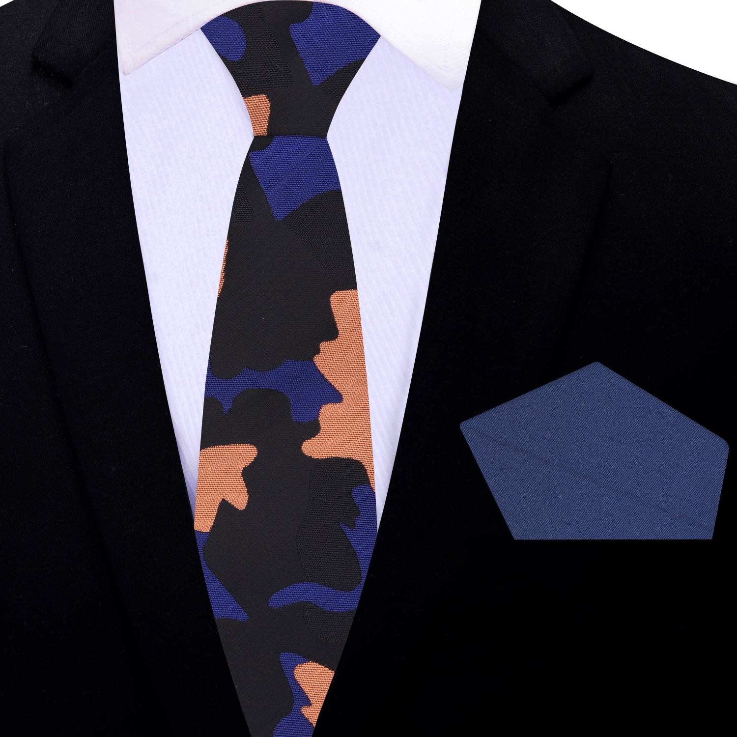 Close-up of the camouflage ties intricate design, highlighting the orange, dark blue, and black colors.