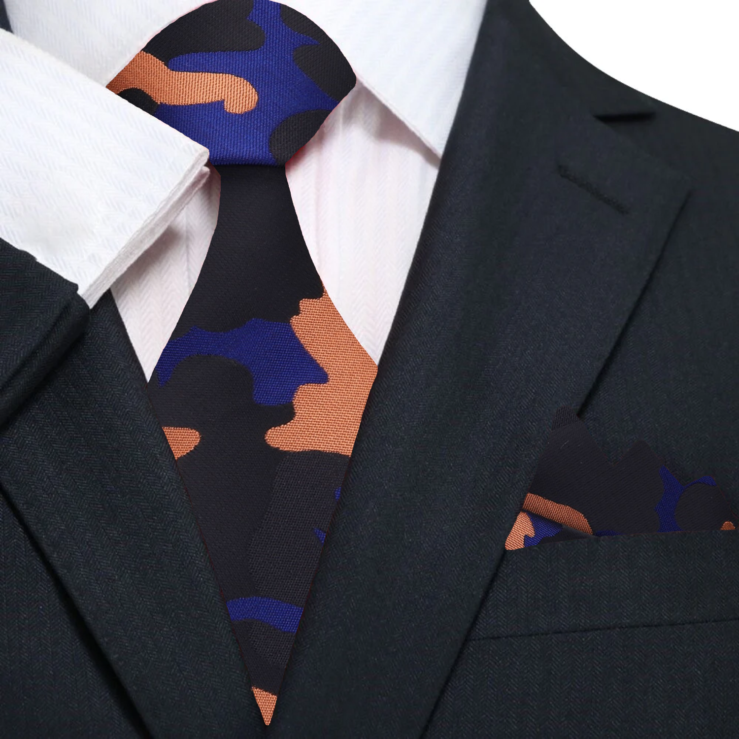Close-up of the stylish camouflage necktie showcasing its unique fleck pattern, perfect for formal wear.