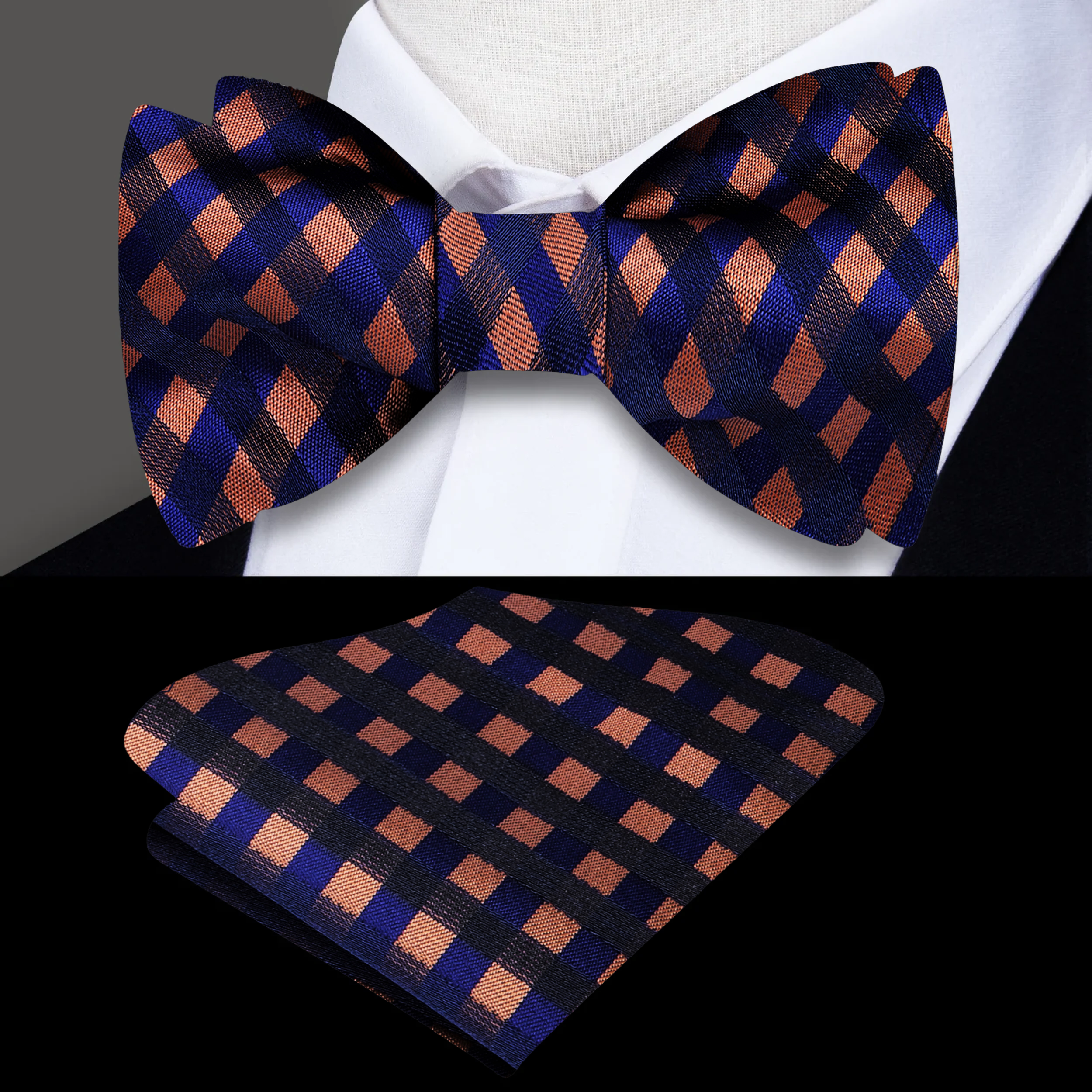 Front view of a stylish silk bow tie with light purple and white check pattern, suitable for weddings