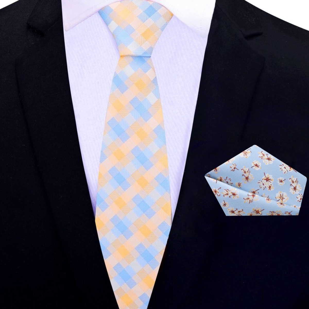 Silk necktie with contemporary plaid design displayed on a hanger for sale