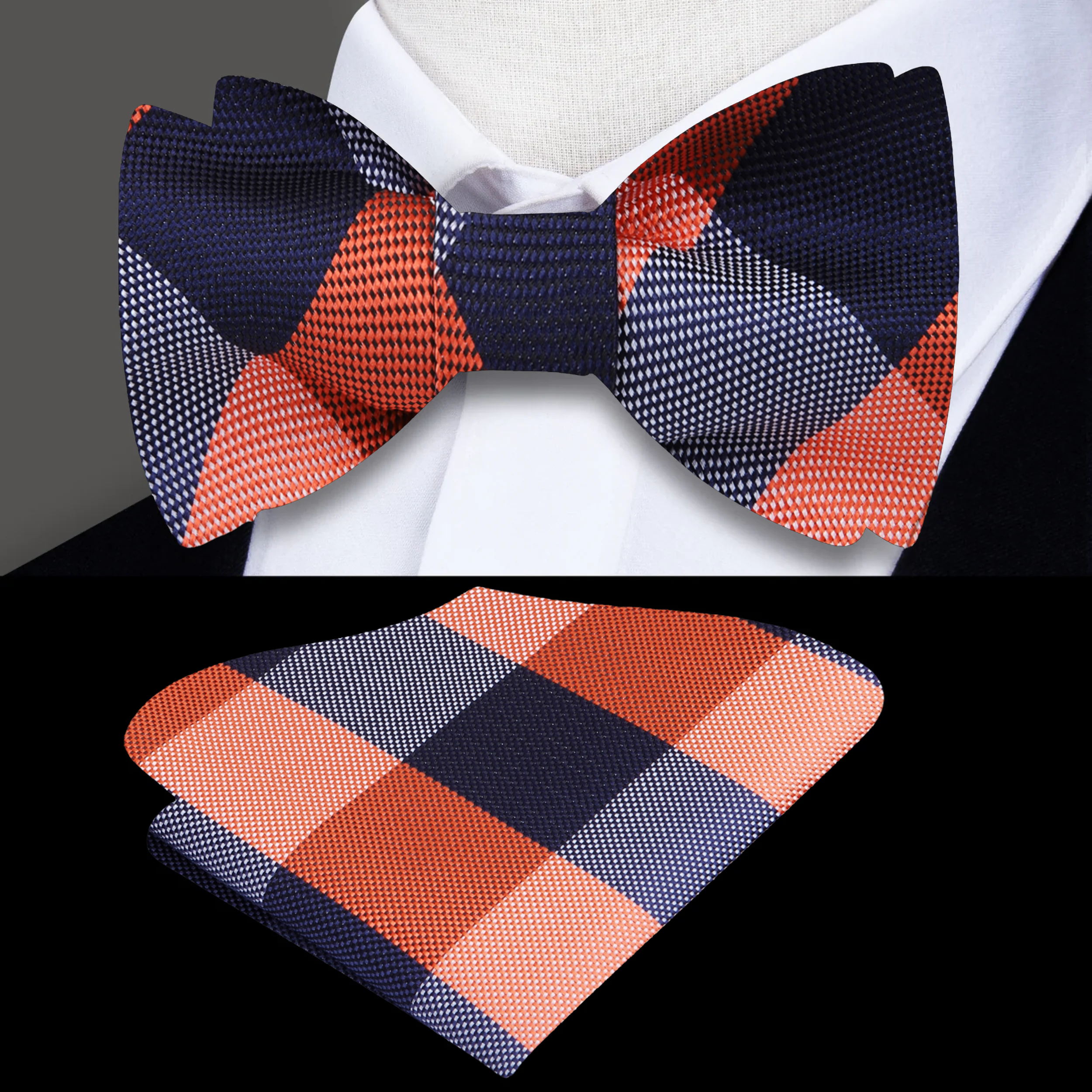Close-up of a stylish mens plaid bow tie with a self-tie knot, perfect for weddings