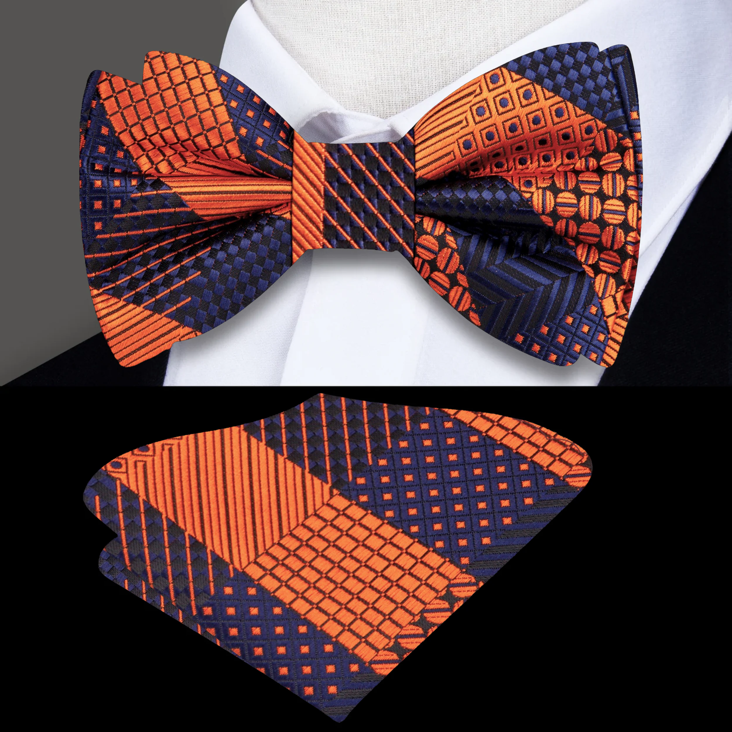 Close-up of chic grey plaid self-tie bow tie against a white dress shirt, emphasizing the pattern.
