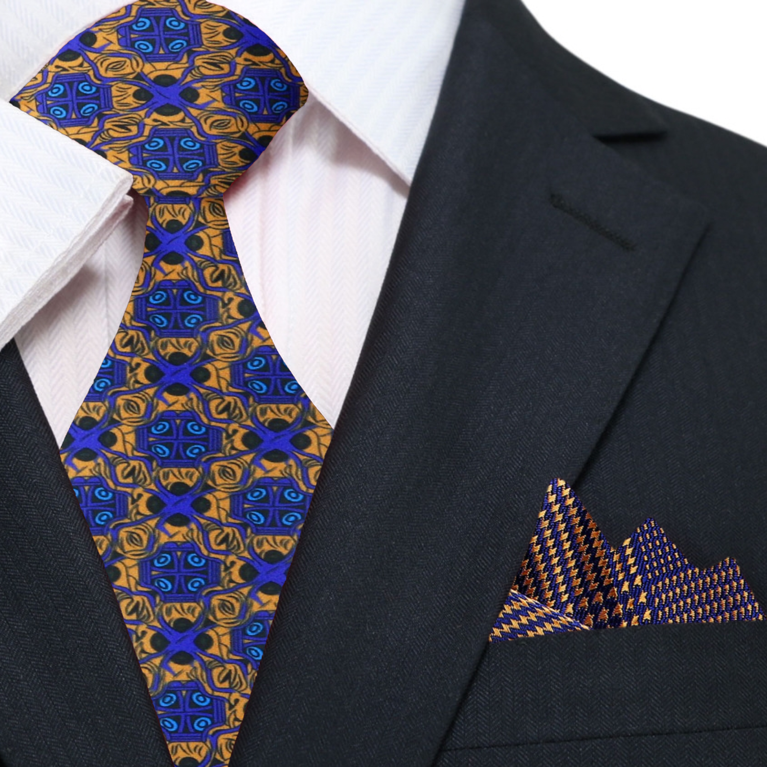 Man wearing the abstract tie with a navy suit for a professional yet creative look