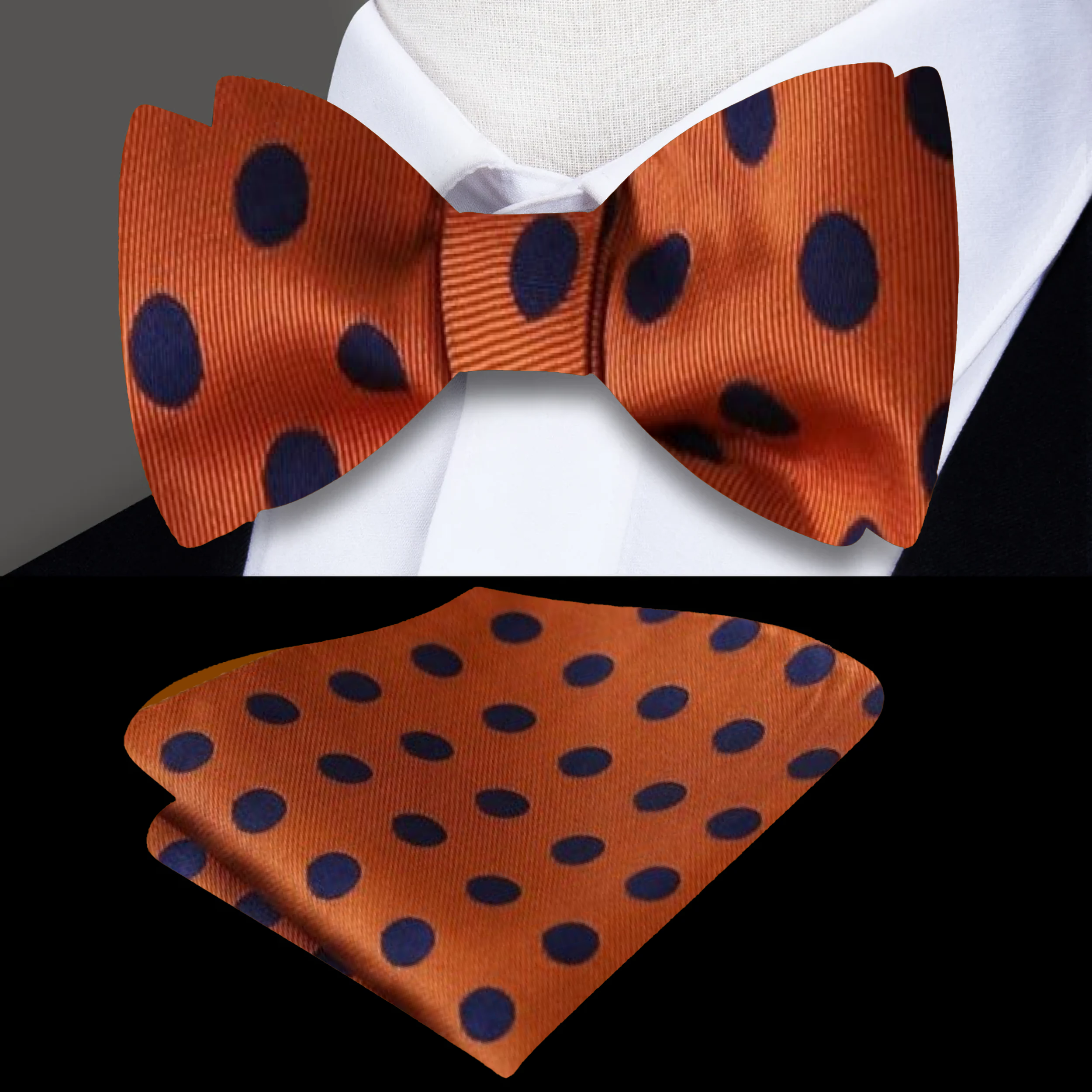 Polka dot bow tie paired with a navy suit for a formal event