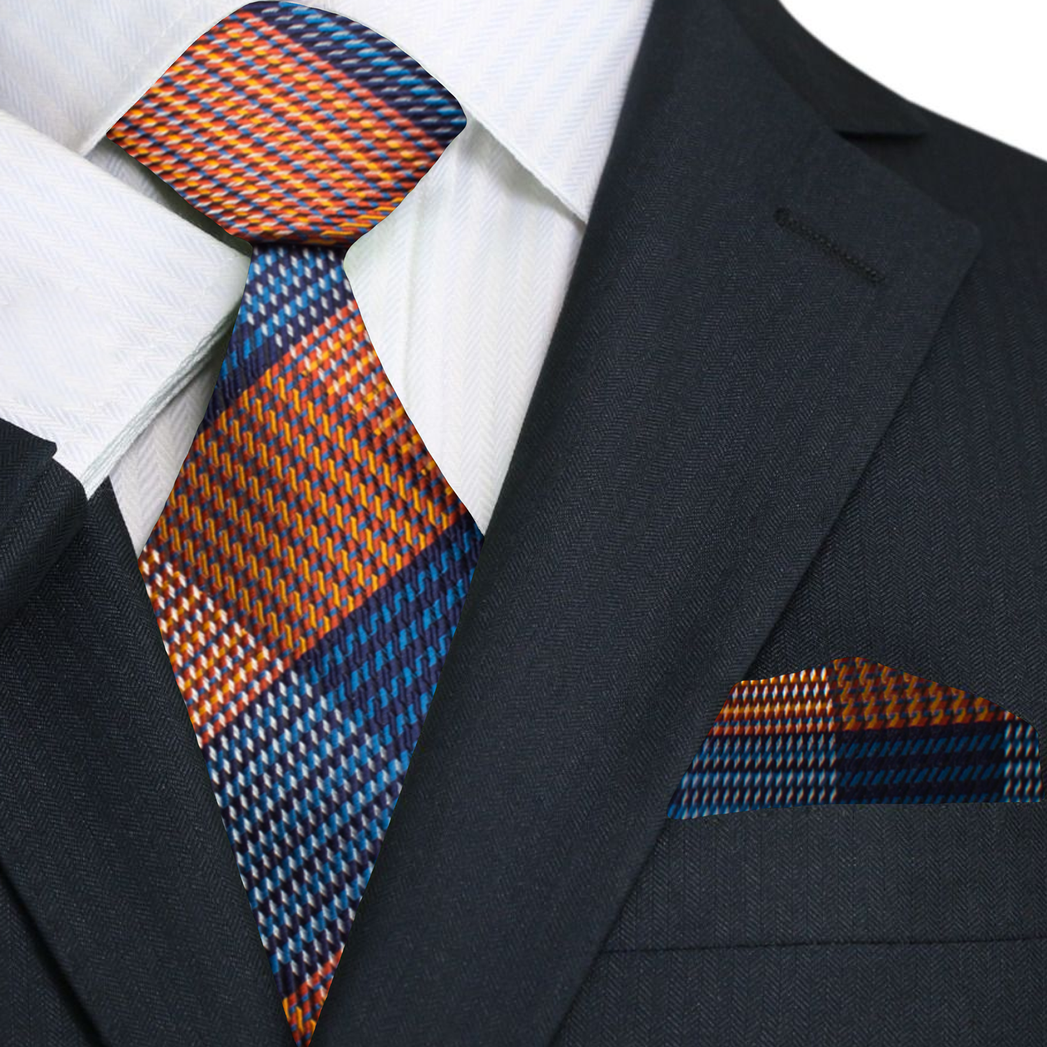 Close-up of mens plaid necktie with blue, red, and orange colors, suitable for business wear