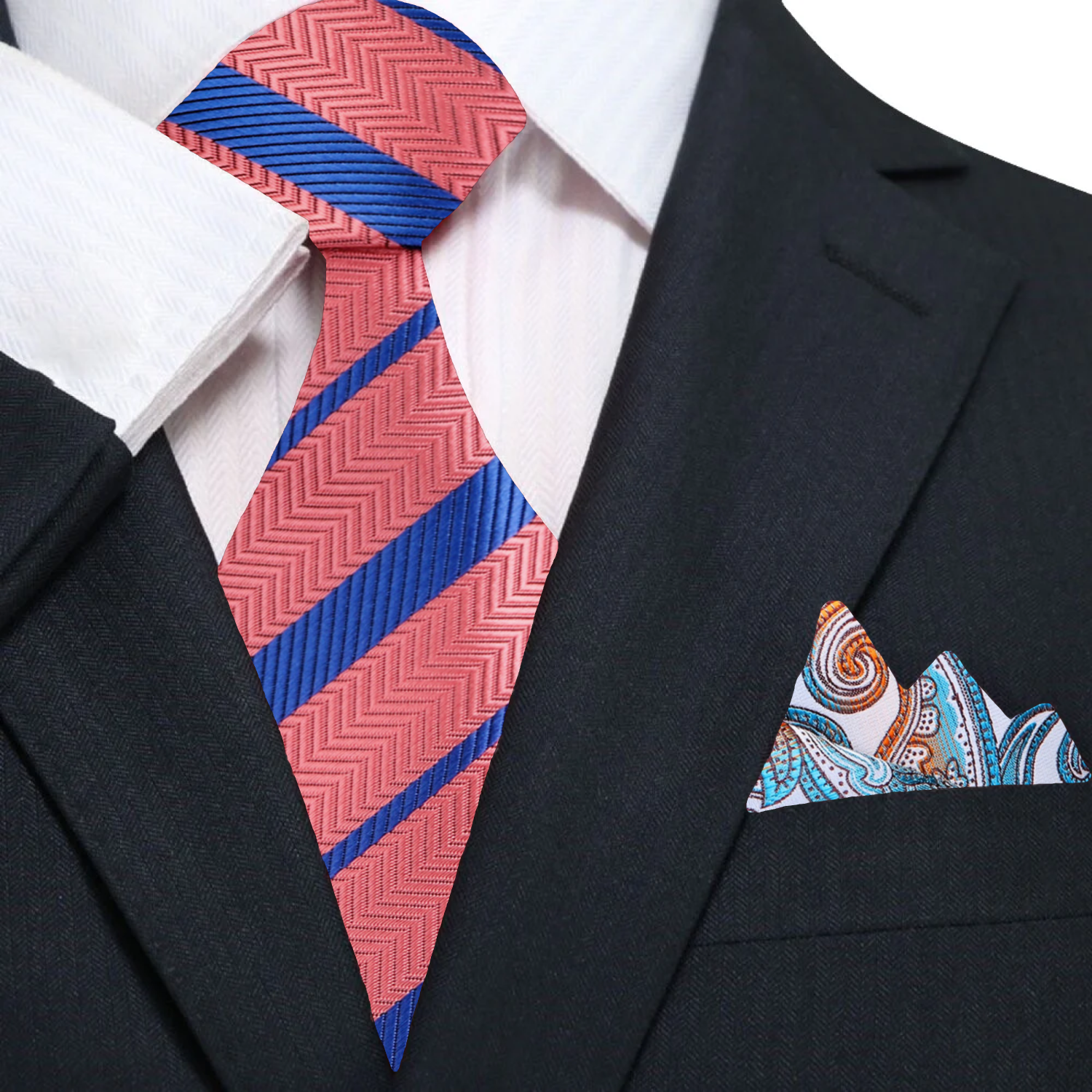 Detail shot of a vibrant mens tie in faded orange and blue stripes