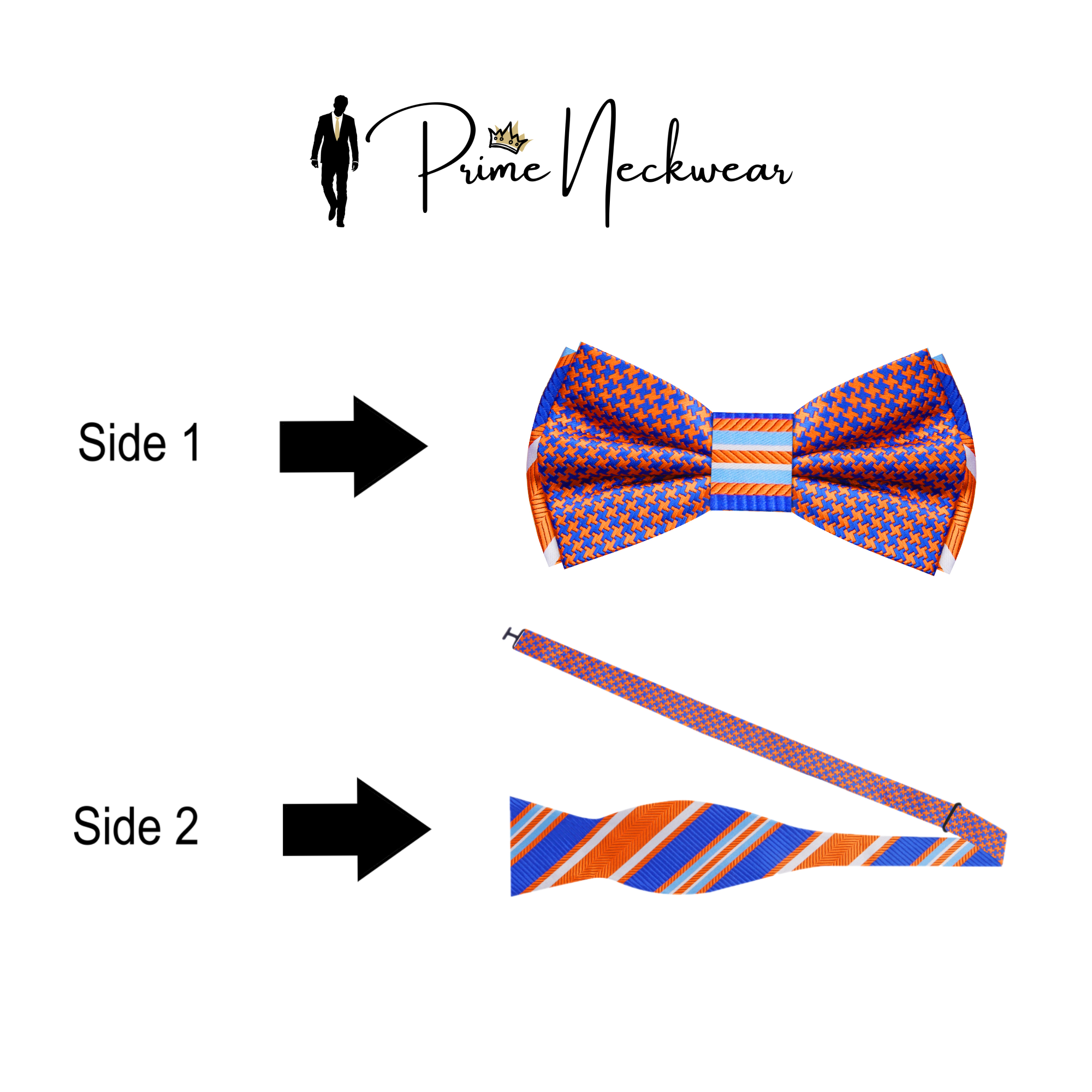 Double-sided silk bow tie featuring a blue and orange houndstooth design.