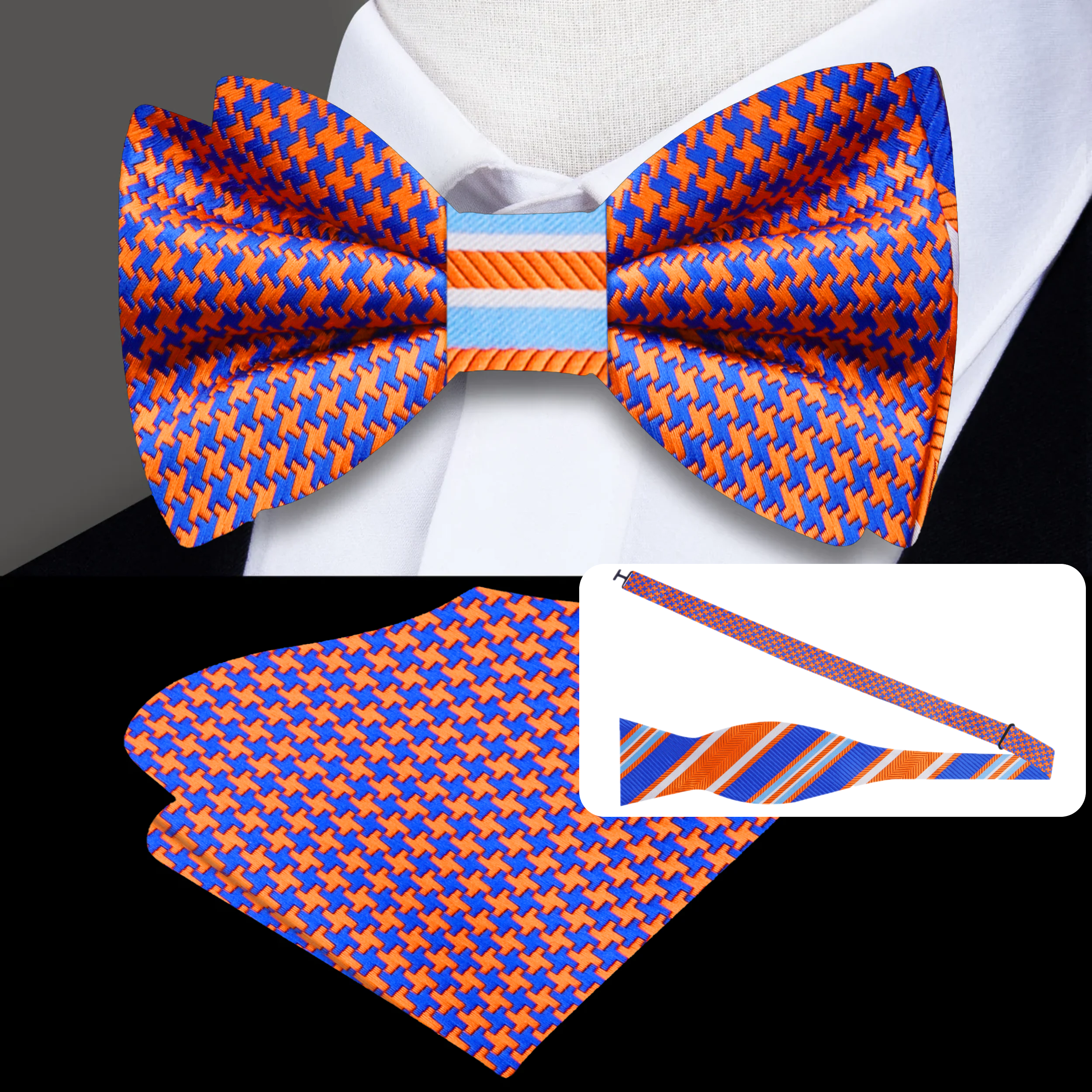 Double-sided silk bow tie featuring a blue and orange houndstooth design.