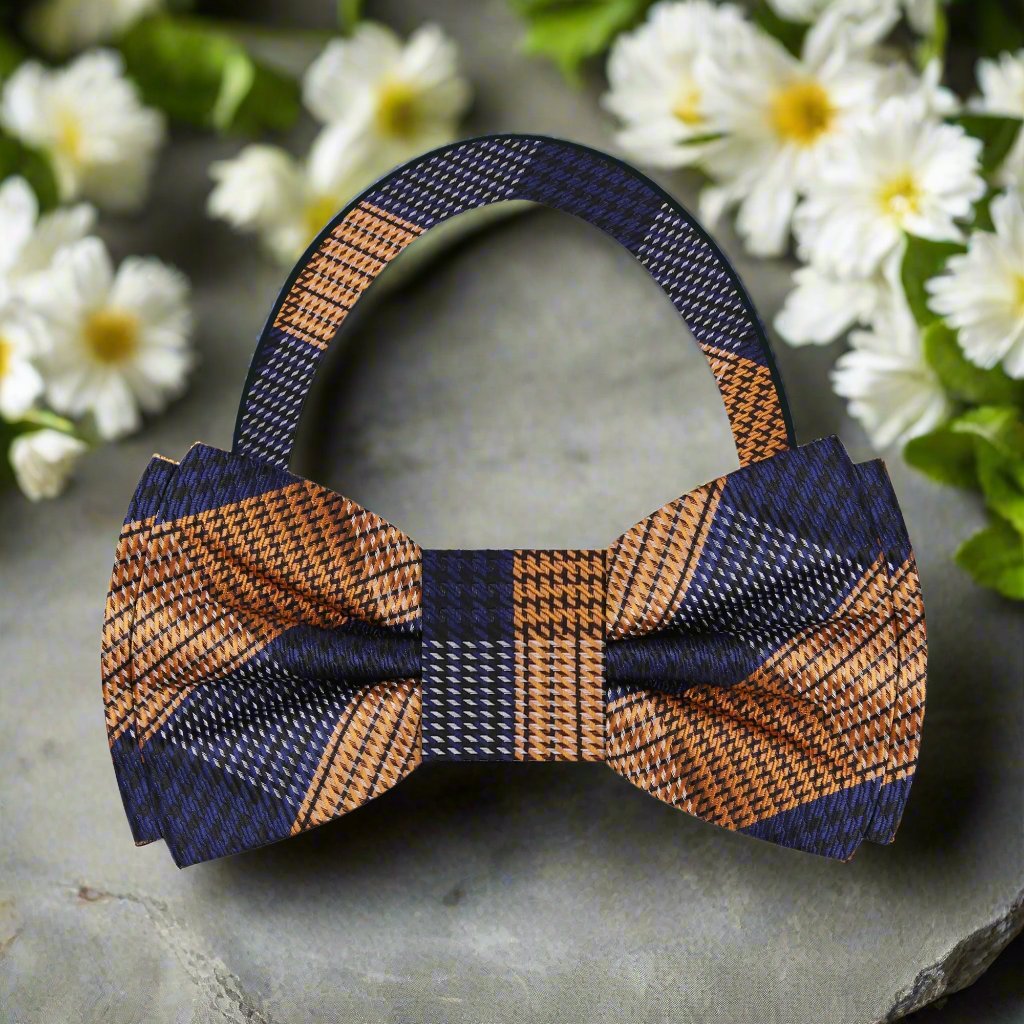 Chic plaid bow tie on a white dress shirt, highlighting its vibrant colors.