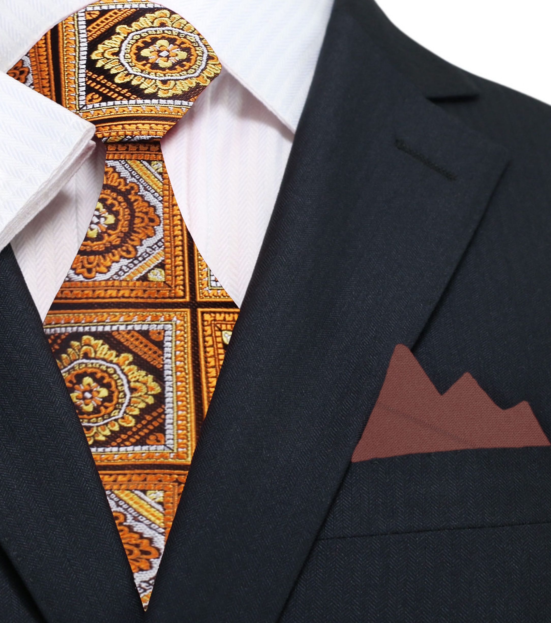 Man wearing the orange geometric tie with a white shirt at a wedding