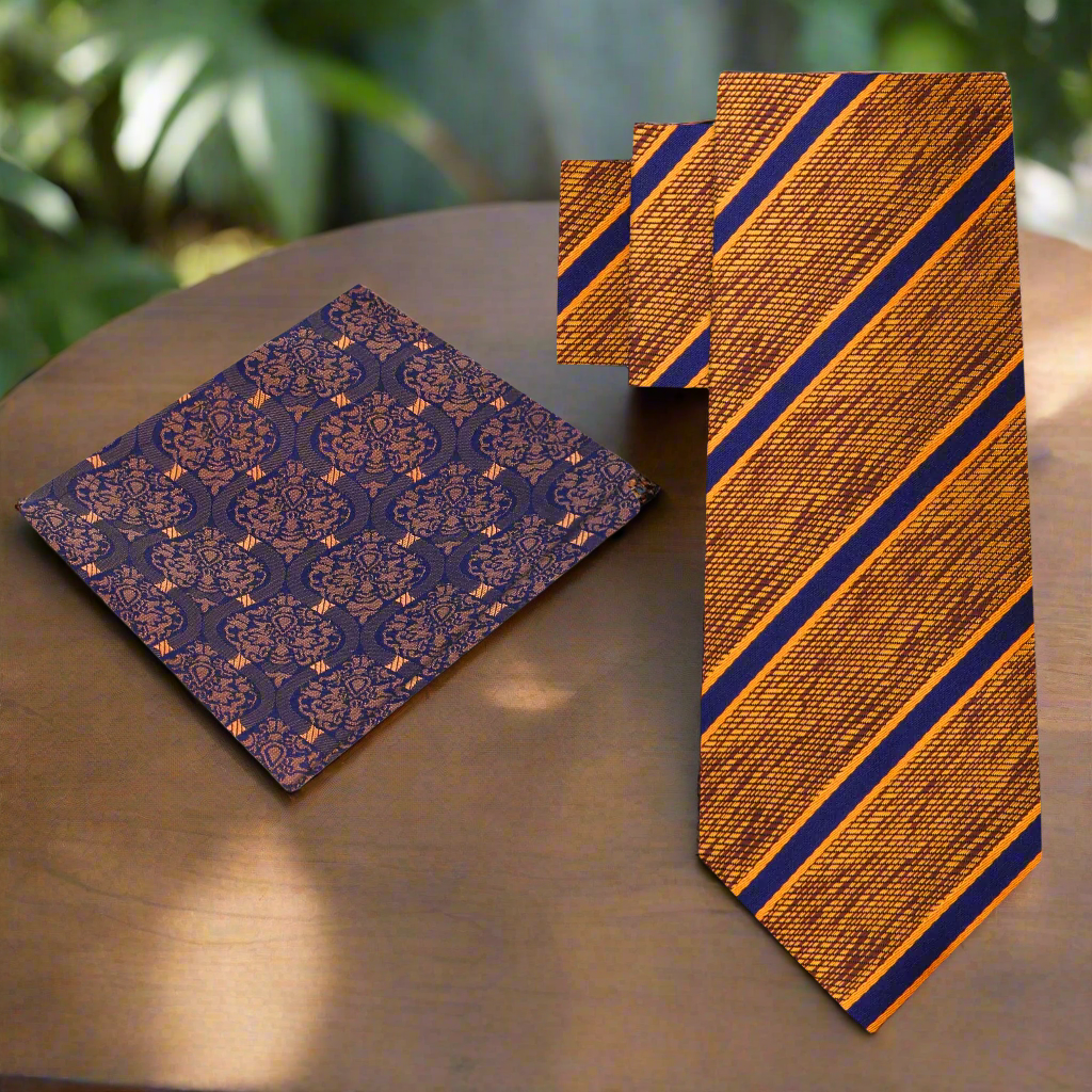 Silk striped necktie with orange, brown, and blue stripes on a white background
