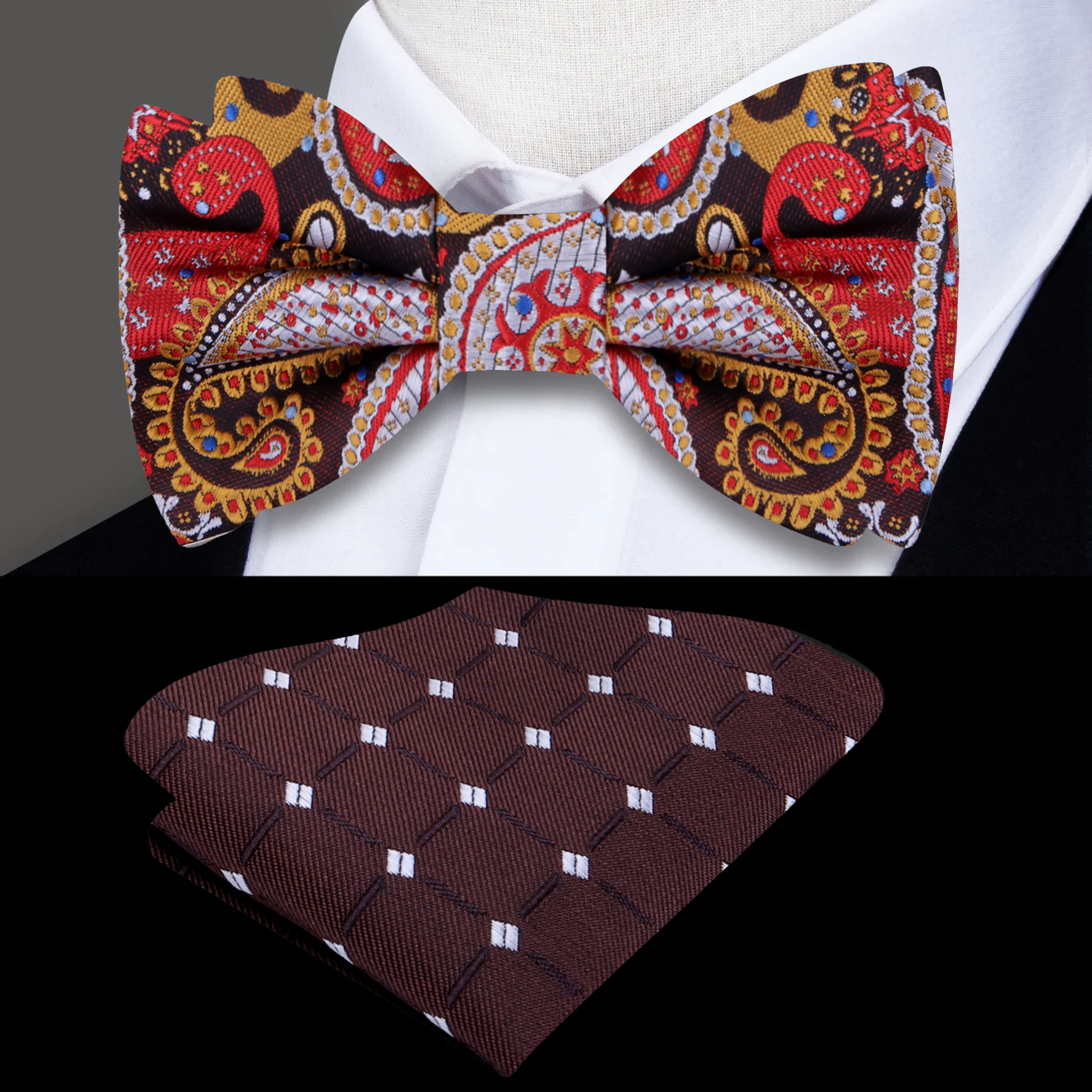 Close-up of vibrant paisley silk bow tie in orange, suitable for weddings