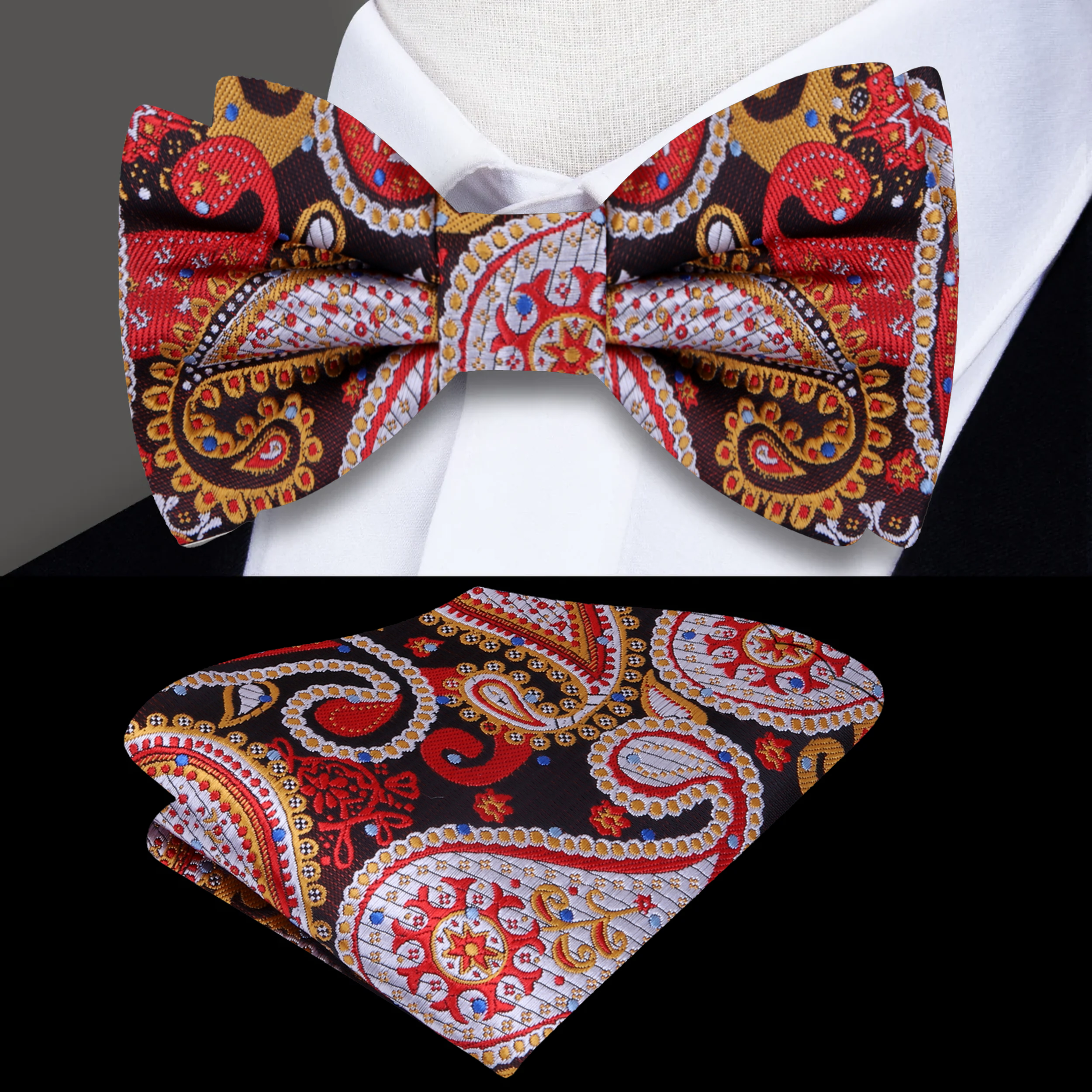 Model wearing colorful bow tie for formal event with navy suit