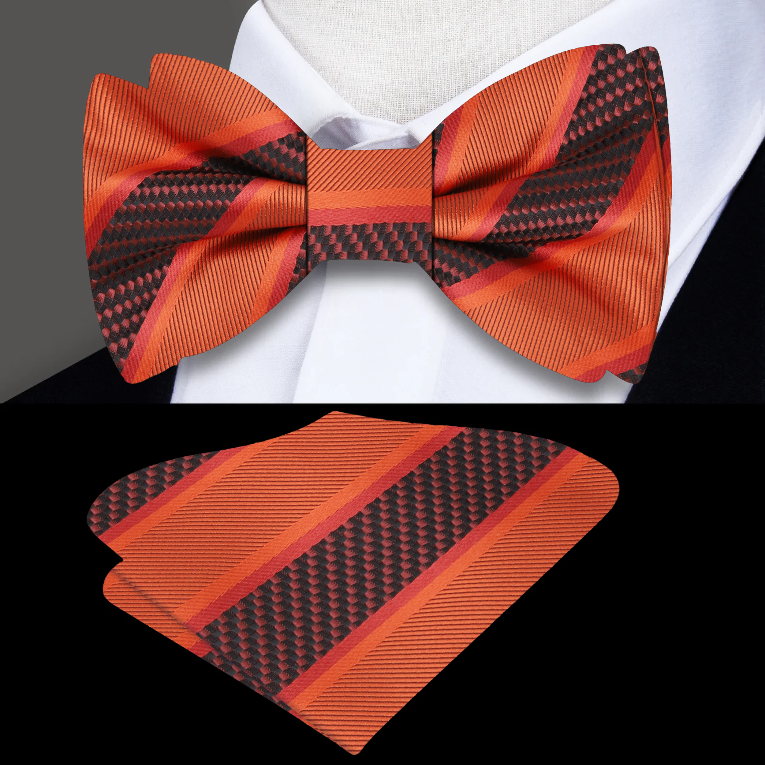 Front view of a stylish silk striped bow tie on a white background, highlighting its vibrant colors