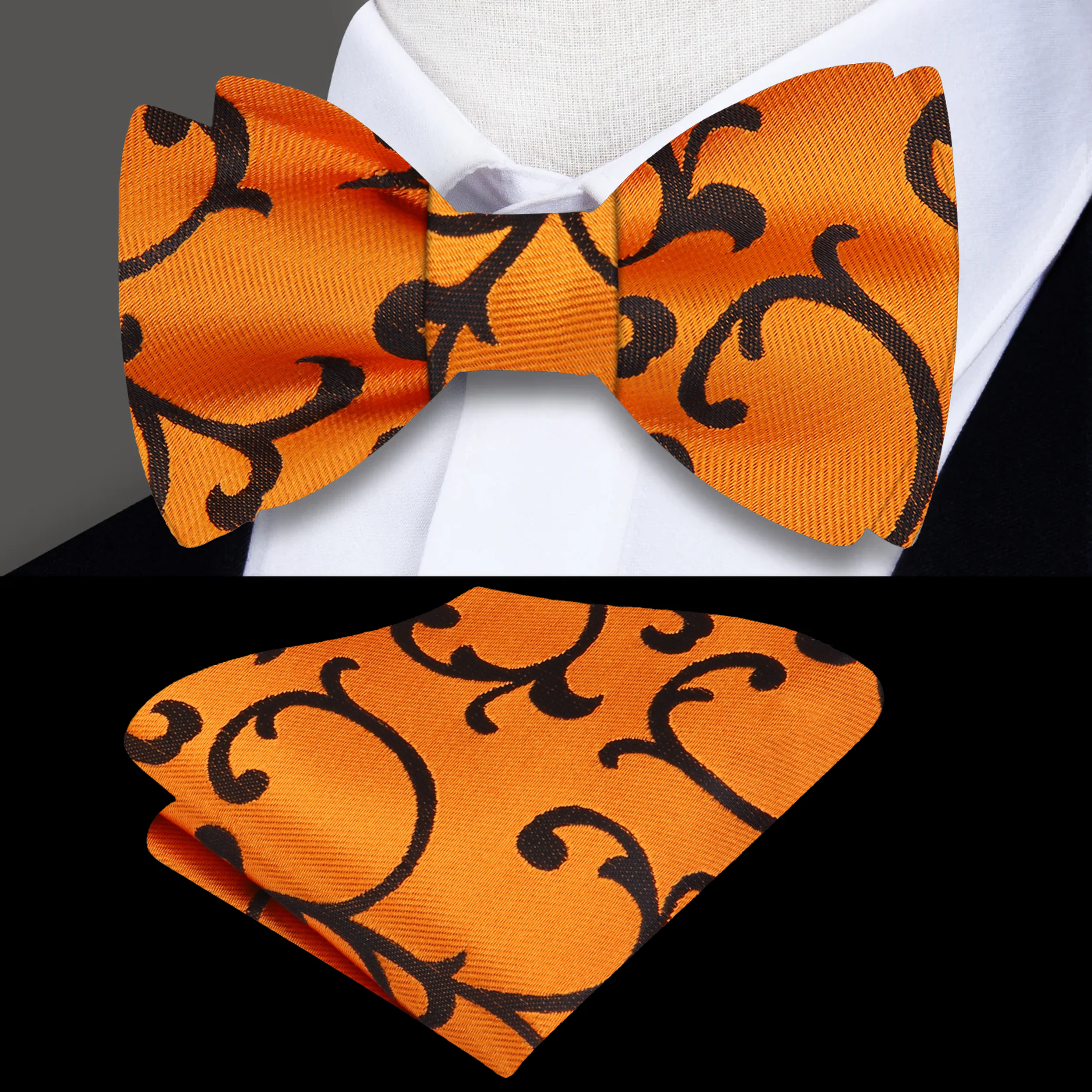 Styled orange self tie bow tie on cream dress shirt, perfect for garden parties
