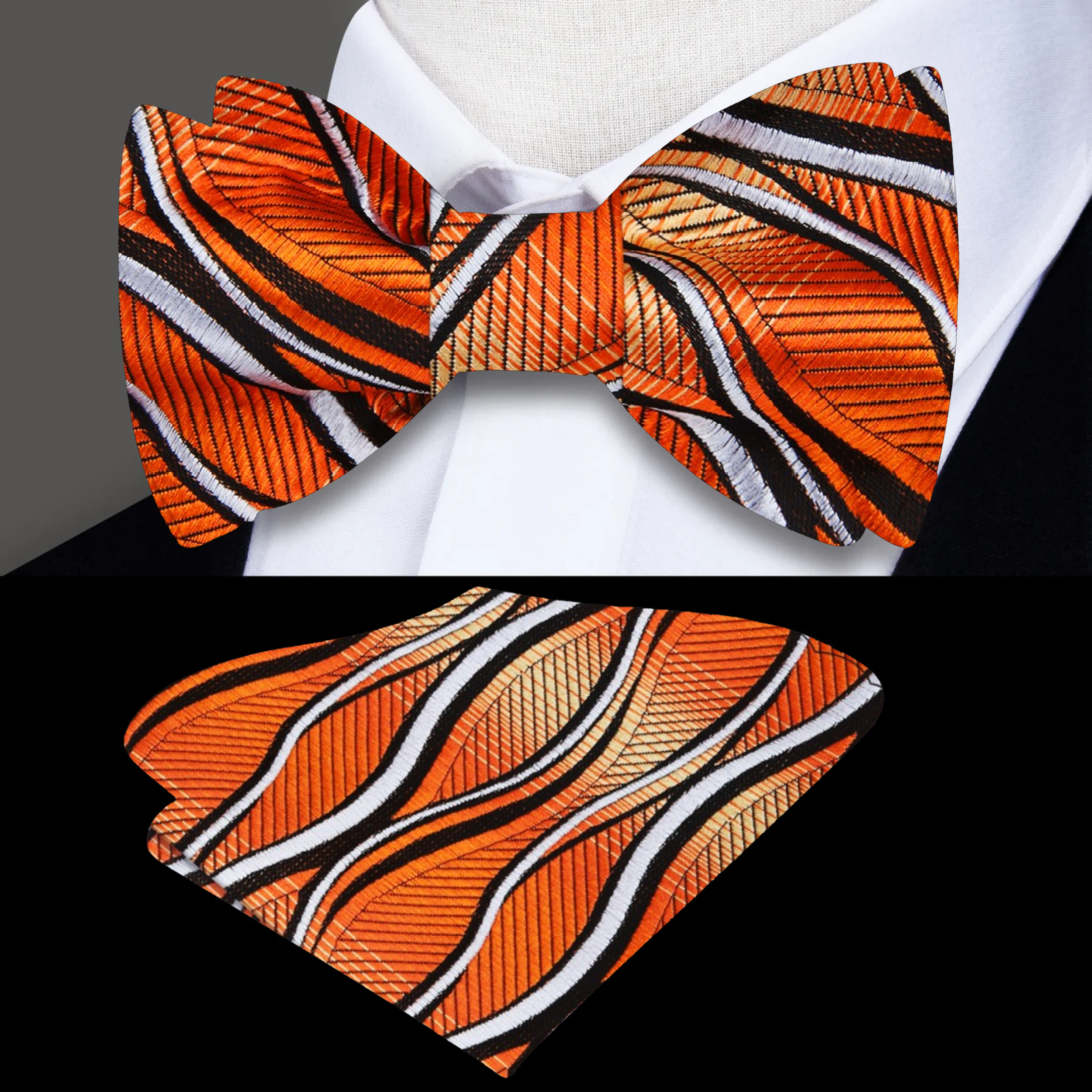Close-up of vibrant wavy line self tie bow tie in orange, black, and white fabric