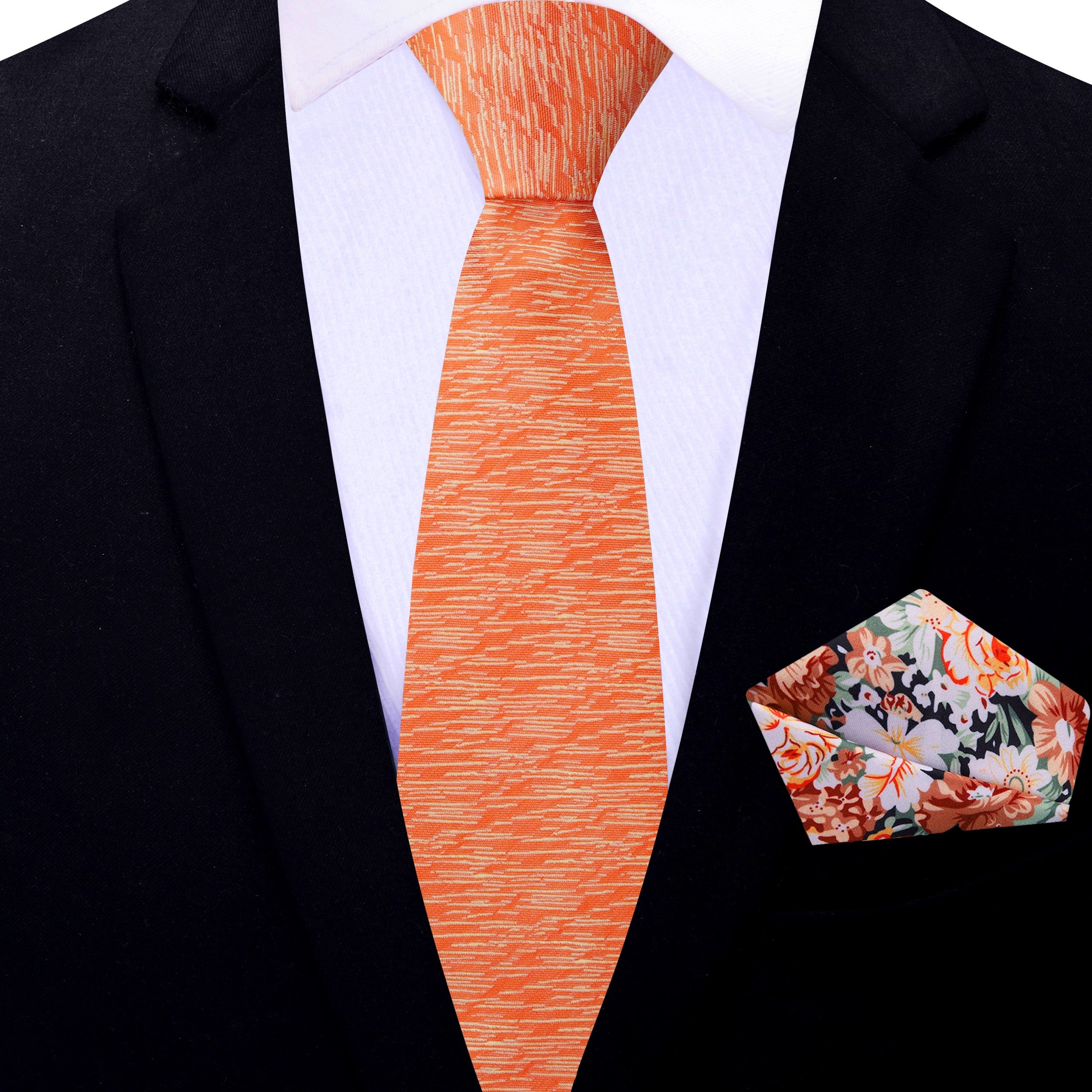 Matching orange pocket square set with textured pattern for formal events