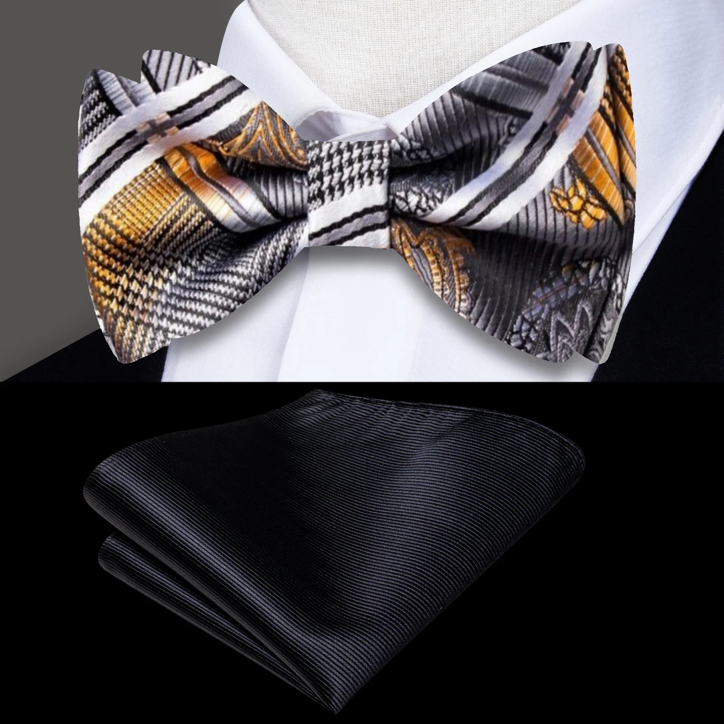 Close-up of a paisley silk bow tie with vibrant colors, perfect for weddings