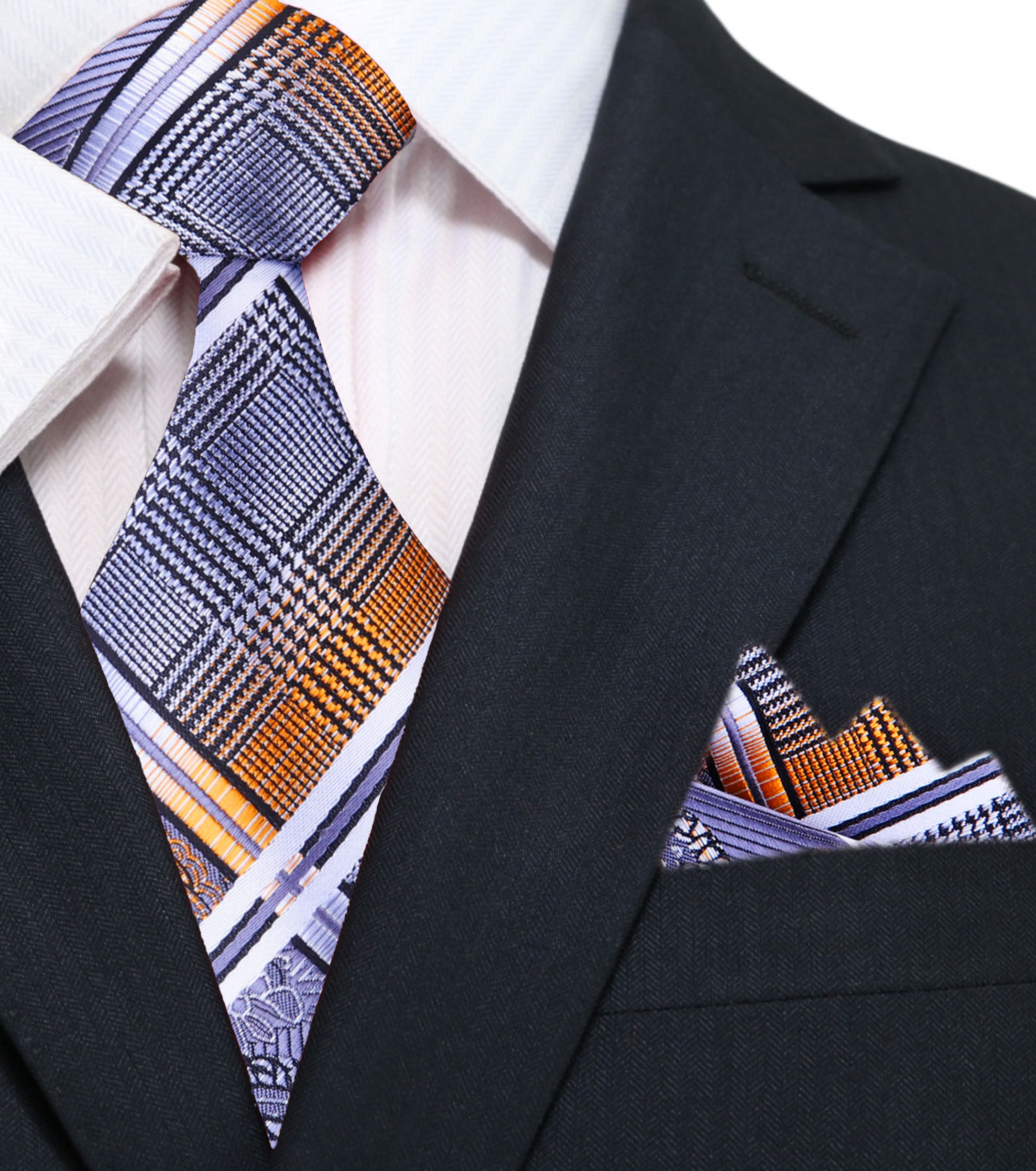 Model wearing the paisley silk necktie with a black suit, highlighting its stylish appeal.