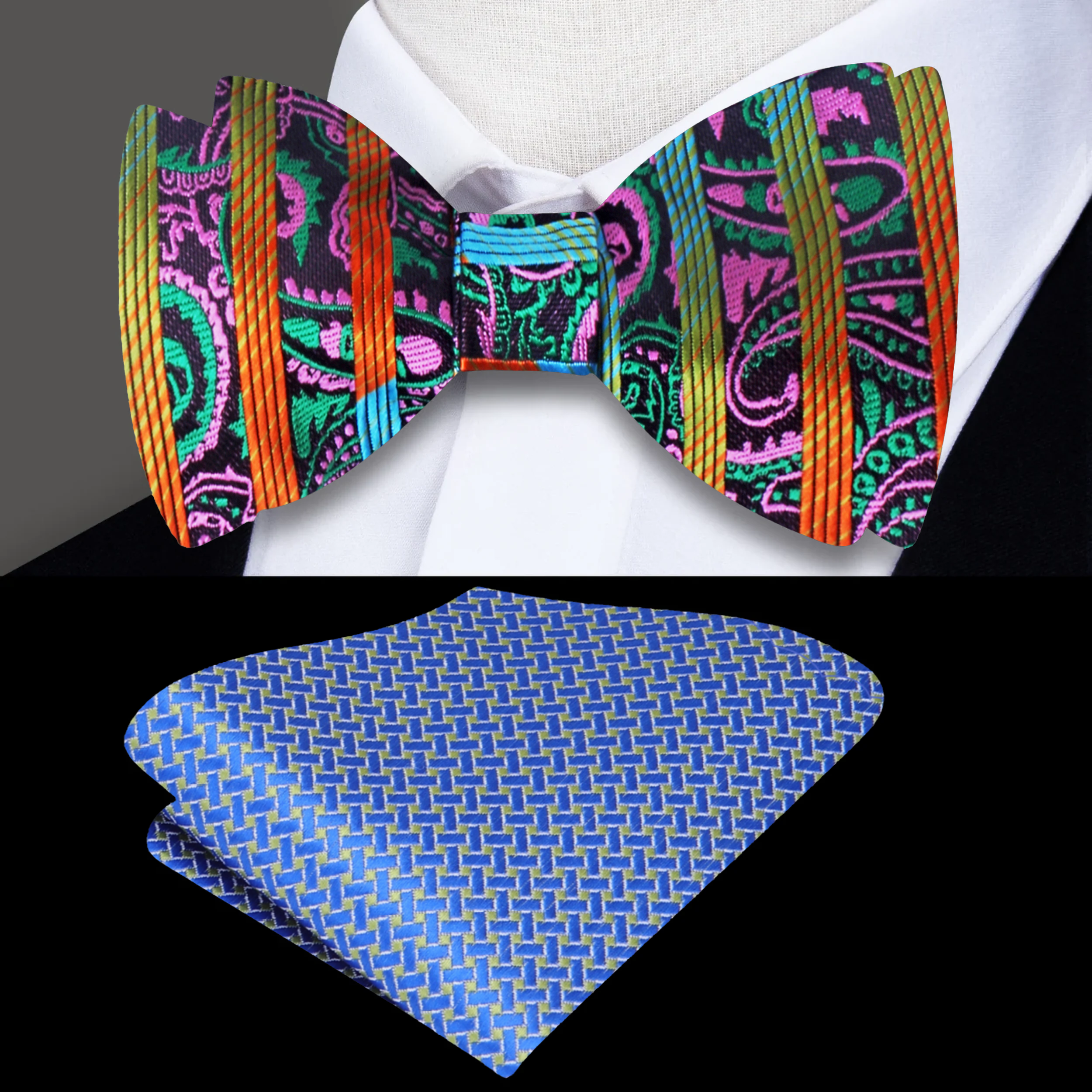 Close-up of vibrant paisley silk bow tie showcasing the intricate patterns and colors