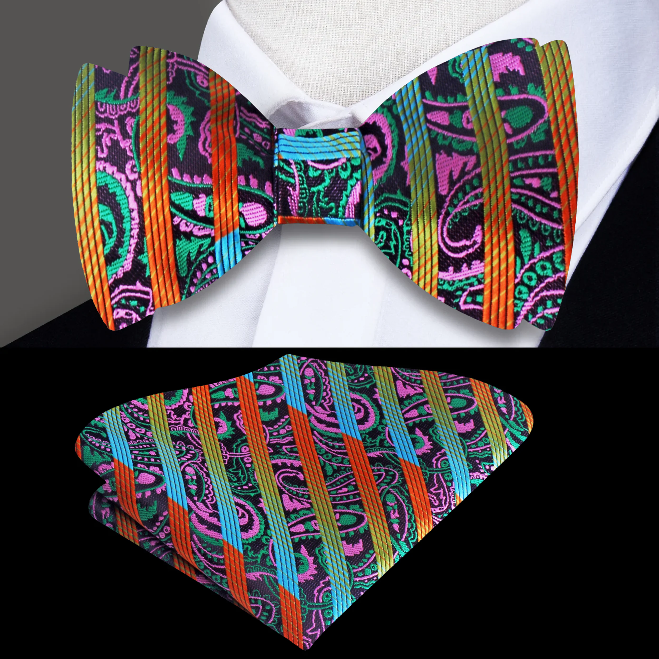 Stylish man wearing a colorful paisley bow tie with a light blue dress shirt