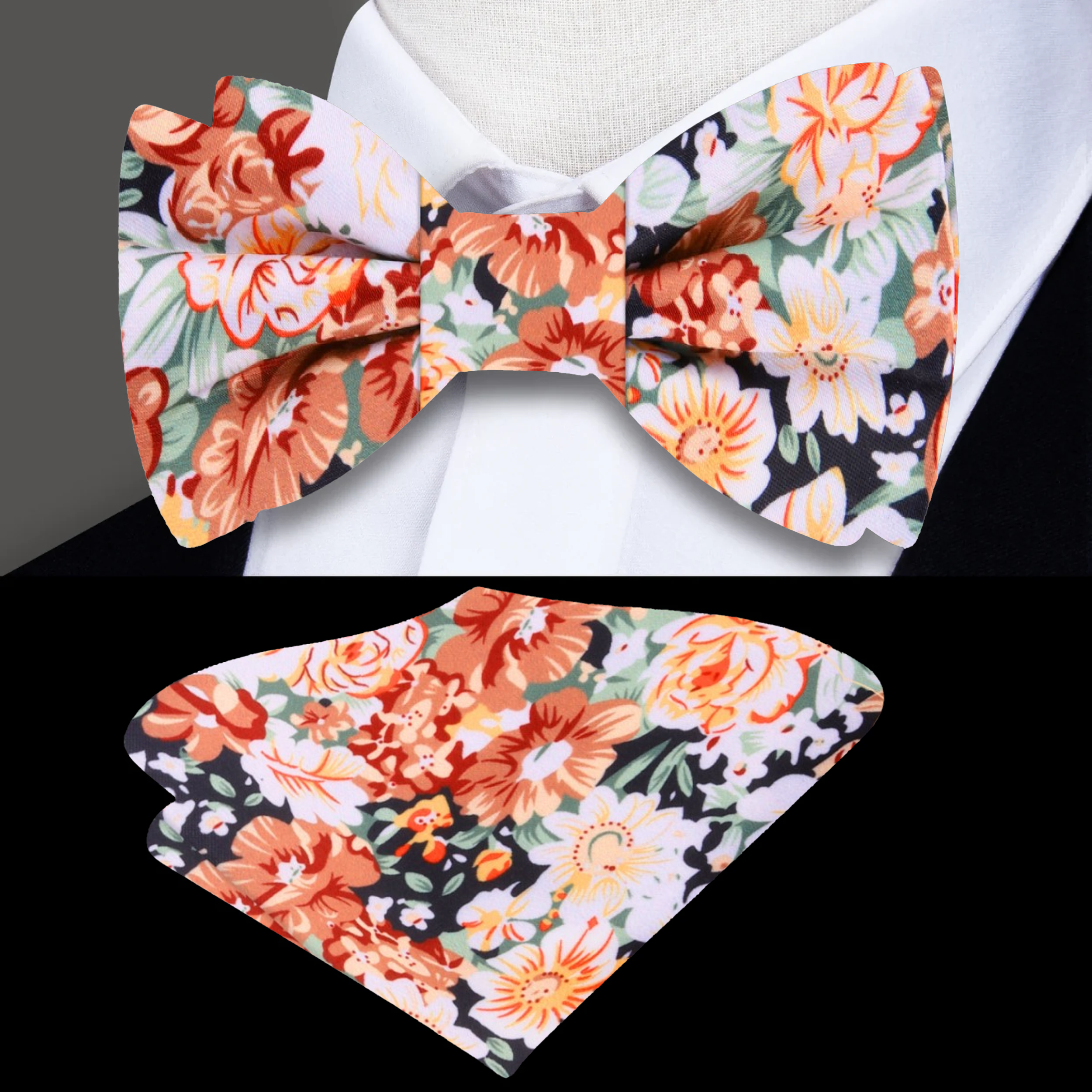 Fashionable floral bow tie paired with a light beige shirt for outdoor garden parties