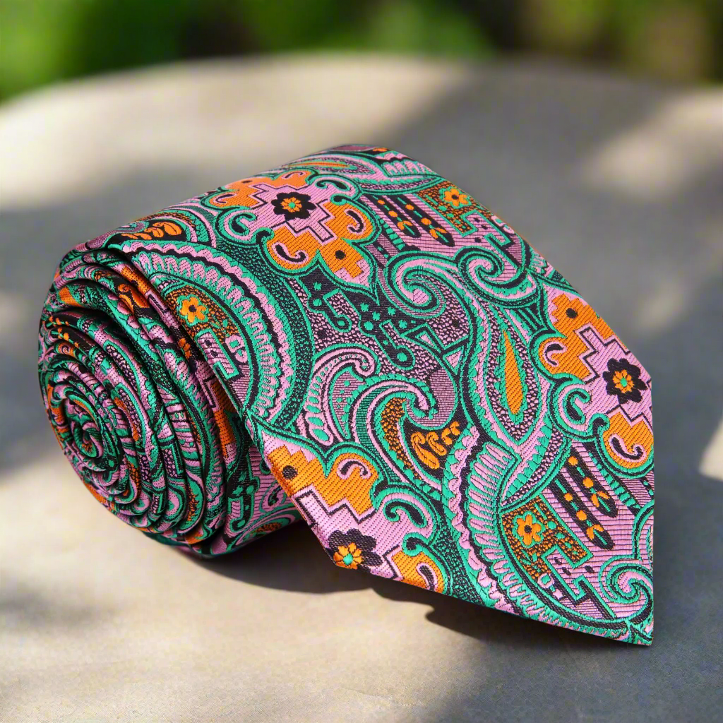 Vibrant paisley silk necktie in green, pink, and orange for creative professionals