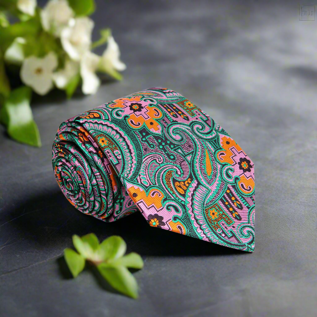 Close-up of intricate paisley pattern on a stylish mens necktie for special occasions