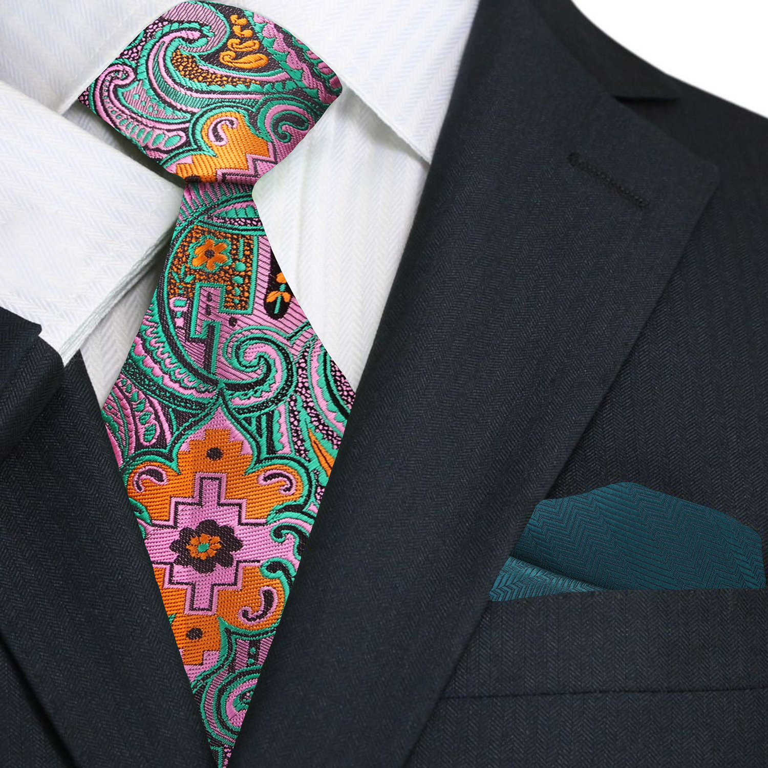 Vibrant paisley silk necktie in green, pink, and orange for creative professionals